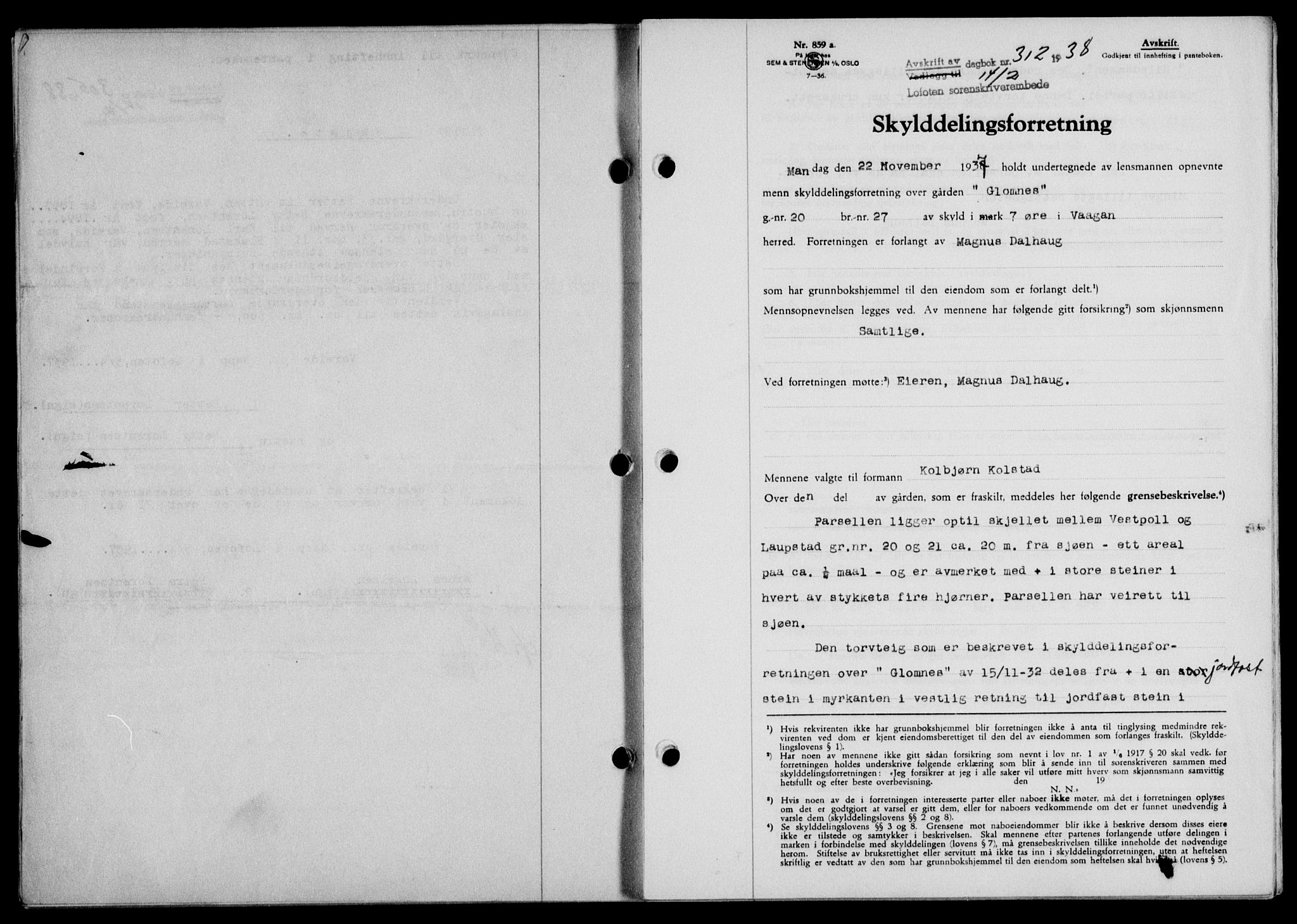Lofoten sorenskriveri, SAT/A-0017/1/2/2C/L0003a: Pantebok nr. 3a, 1937-1938, Dagboknr: 312/1938