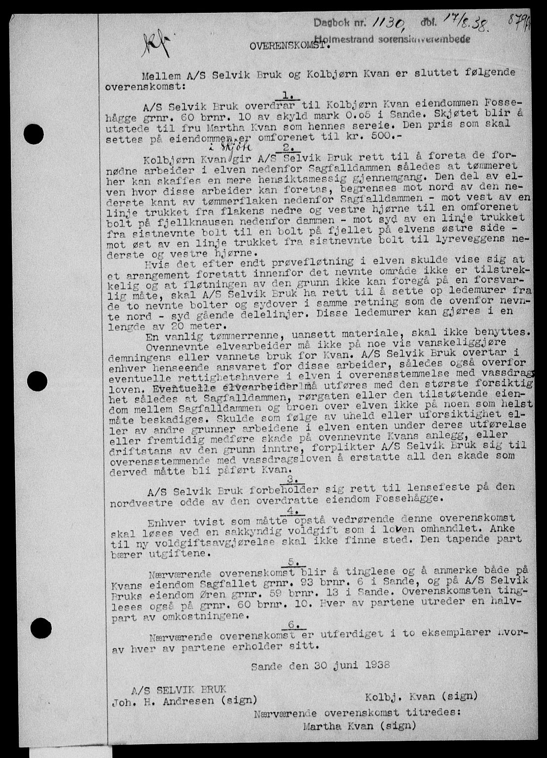 Holmestrand sorenskriveri, SAKO/A-67/G/Ga/Gaa/L0049: Pantebok nr. A-49, 1937-1938, Dagboknr: 1130/1938
