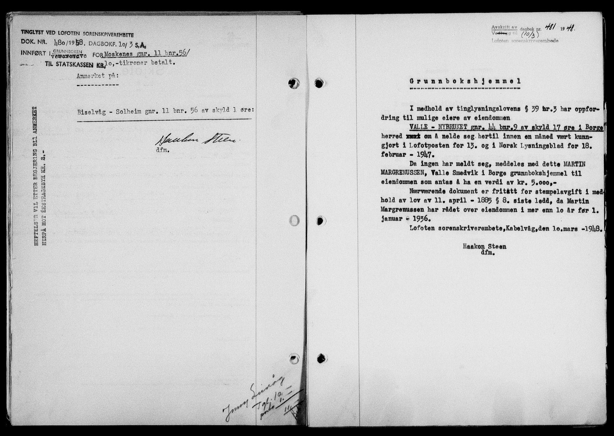 Lofoten sorenskriveri, SAT/A-0017/1/2/2C/L0018a: Pantebok nr. 18a, 1948-1948, Dagboknr: 481/1948