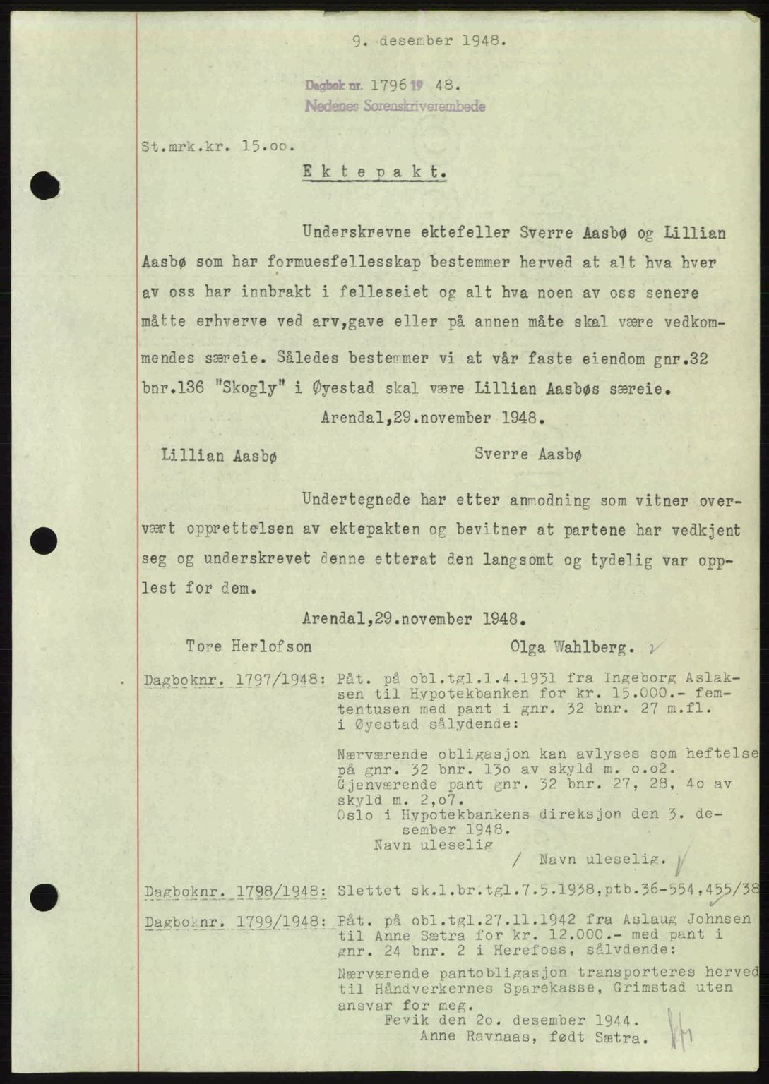 Nedenes sorenskriveri, AV/SAK-1221-0006/G/Gb/Gba/L0060: Pantebok nr. A12, 1948-1949, Dagboknr: 1796/1948