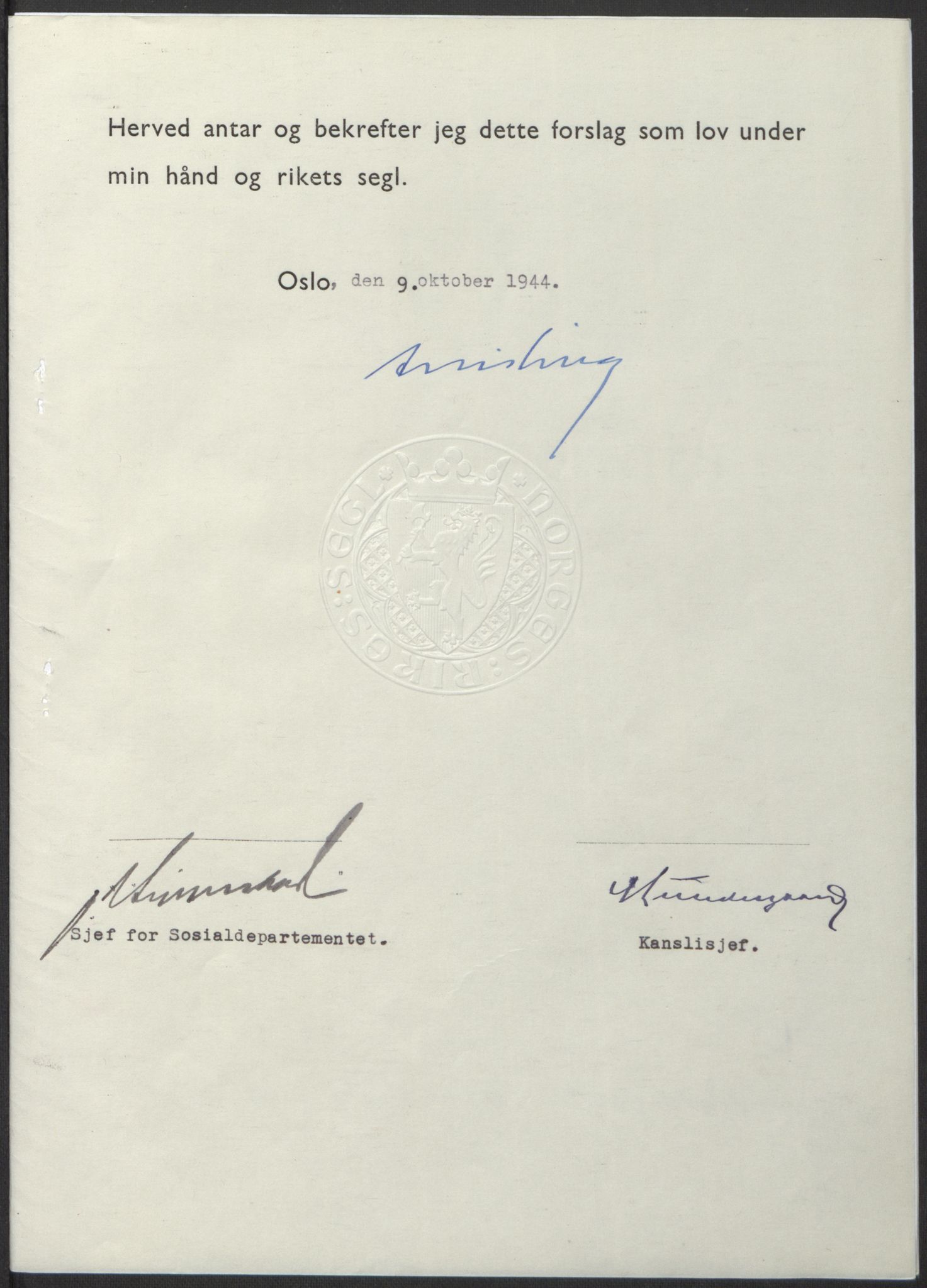 NS-administrasjonen 1940-1945 (Statsrådsekretariatet, de kommisariske statsråder mm), RA/S-4279/D/Db/L0100: Lover, 1944, s. 488