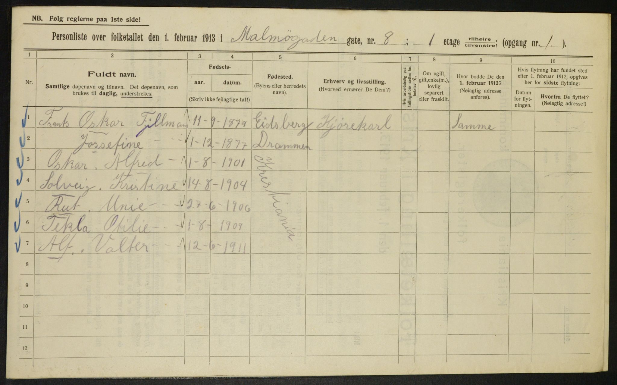 OBA, Kommunal folketelling 1.2.1913 for Kristiania, 1913, s. 59855