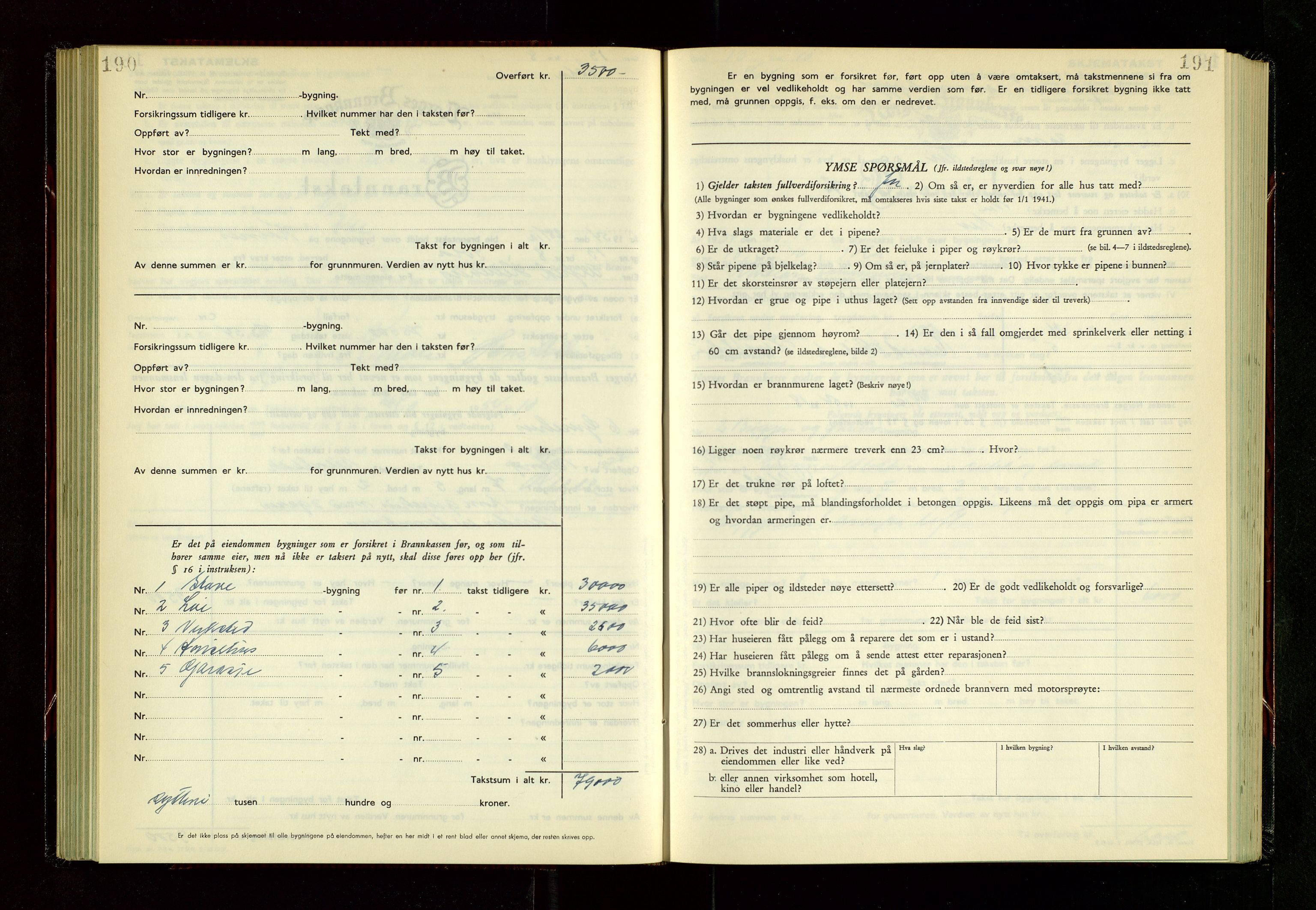 Håland lensmannskontor, AV/SAST-A-100100/Gob/L0014: "Branntakstprotokoll" - skjematakst, 1951-1955, s. 190-191