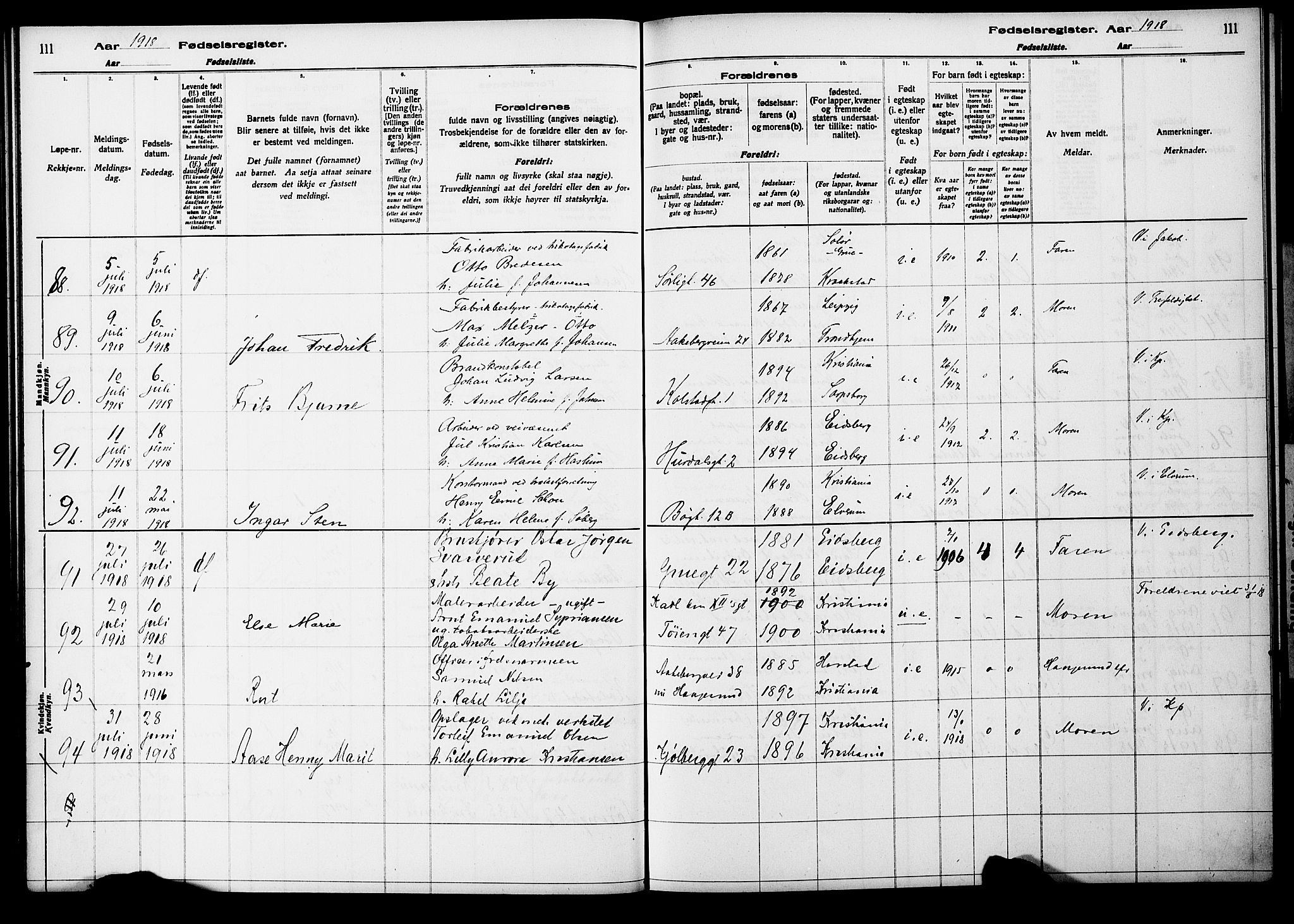 Kampen prestekontor Kirkebøker, AV/SAO-A-10853/J/Ja/L0001: Fødselsregister nr. 1, 1916-1920, s. 111