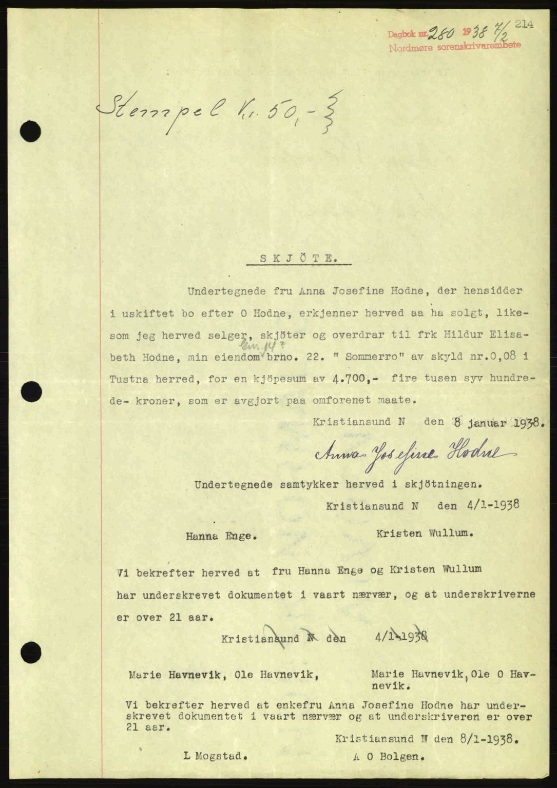 Nordmøre sorenskriveri, SAT/A-4132/1/2/2Ca: Pantebok nr. A83, 1938-1938, Dagboknr: 280/1938