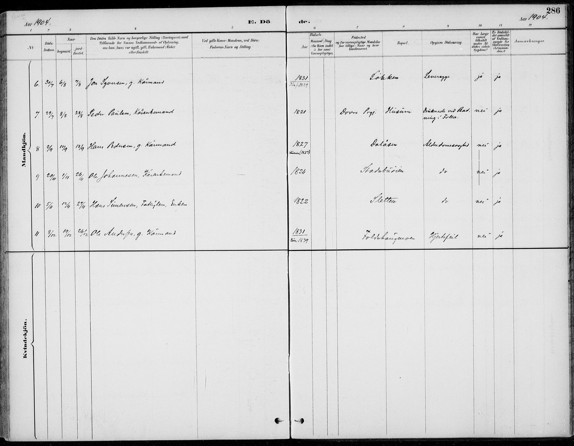 Alvdal prestekontor, SAH/PREST-060/H/Ha/Haa/L0003: Ministerialbok nr. 3, 1886-1912, s. 286