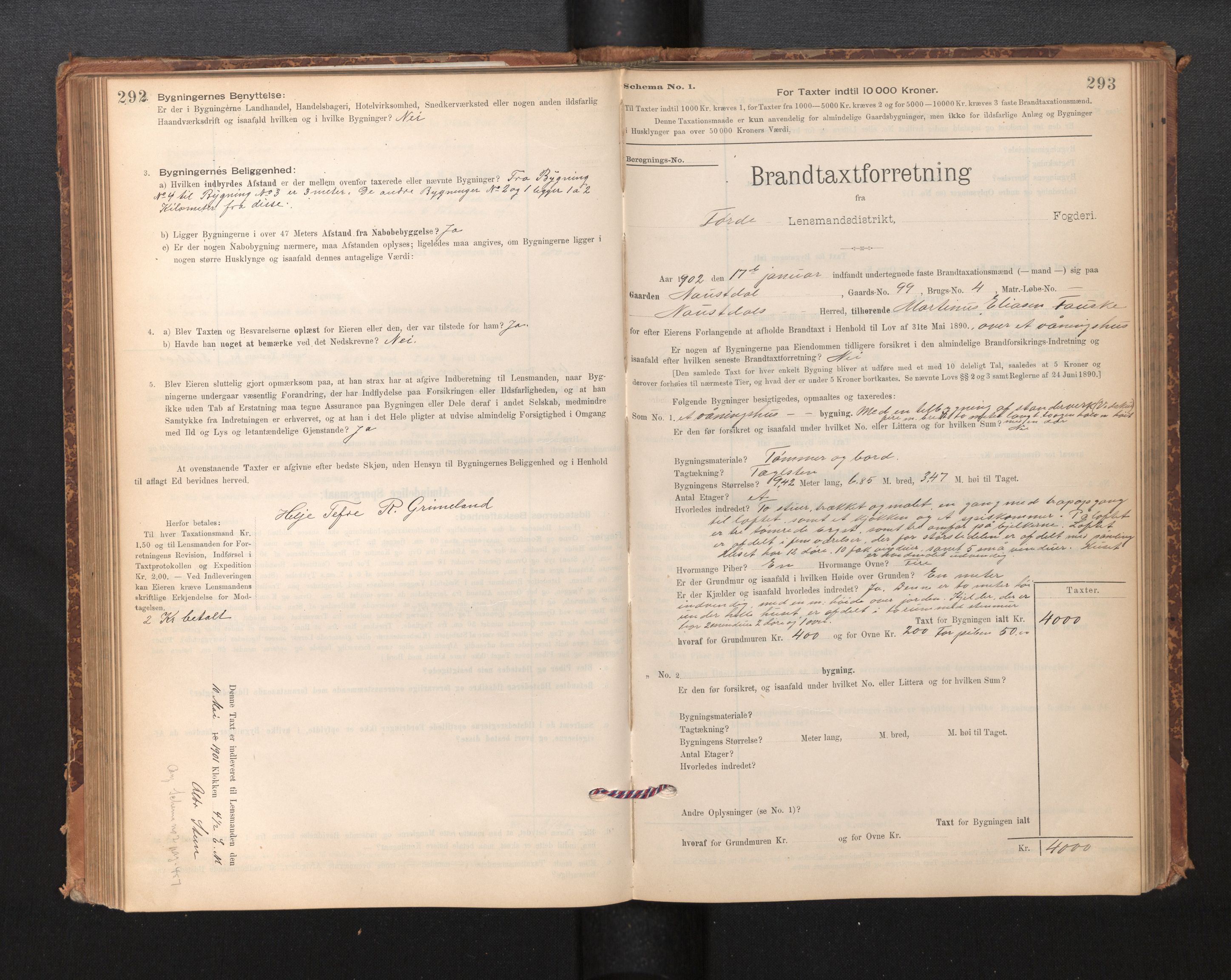 Lensmannen i Førde, AV/SAB-A-27401/0012/L0008: Branntakstprotokoll, skjematakst, 1895-1922, s. 292-293