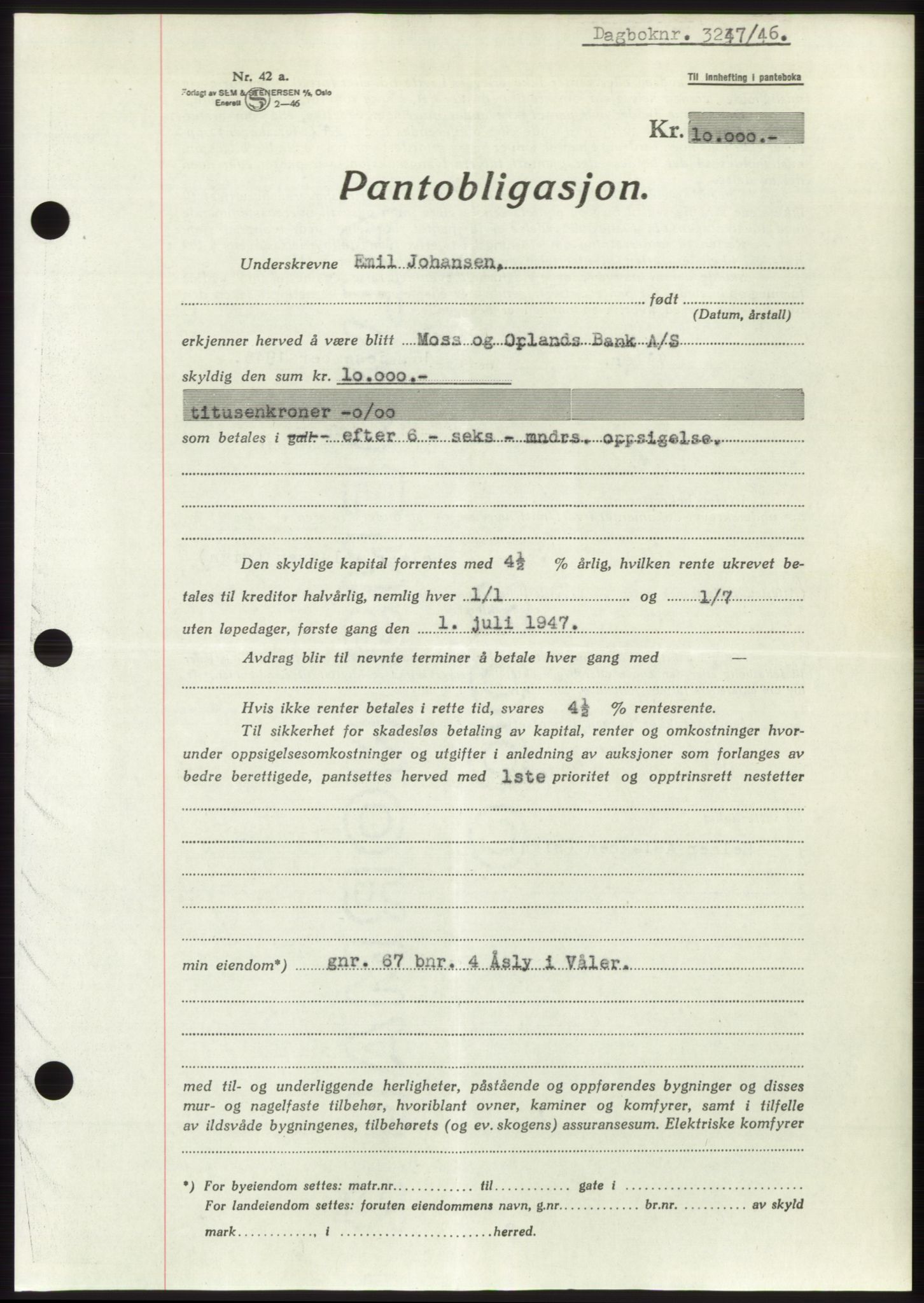 Moss sorenskriveri, SAO/A-10168: Pantebok nr. B16, 1946-1947, Dagboknr: 3247/1946