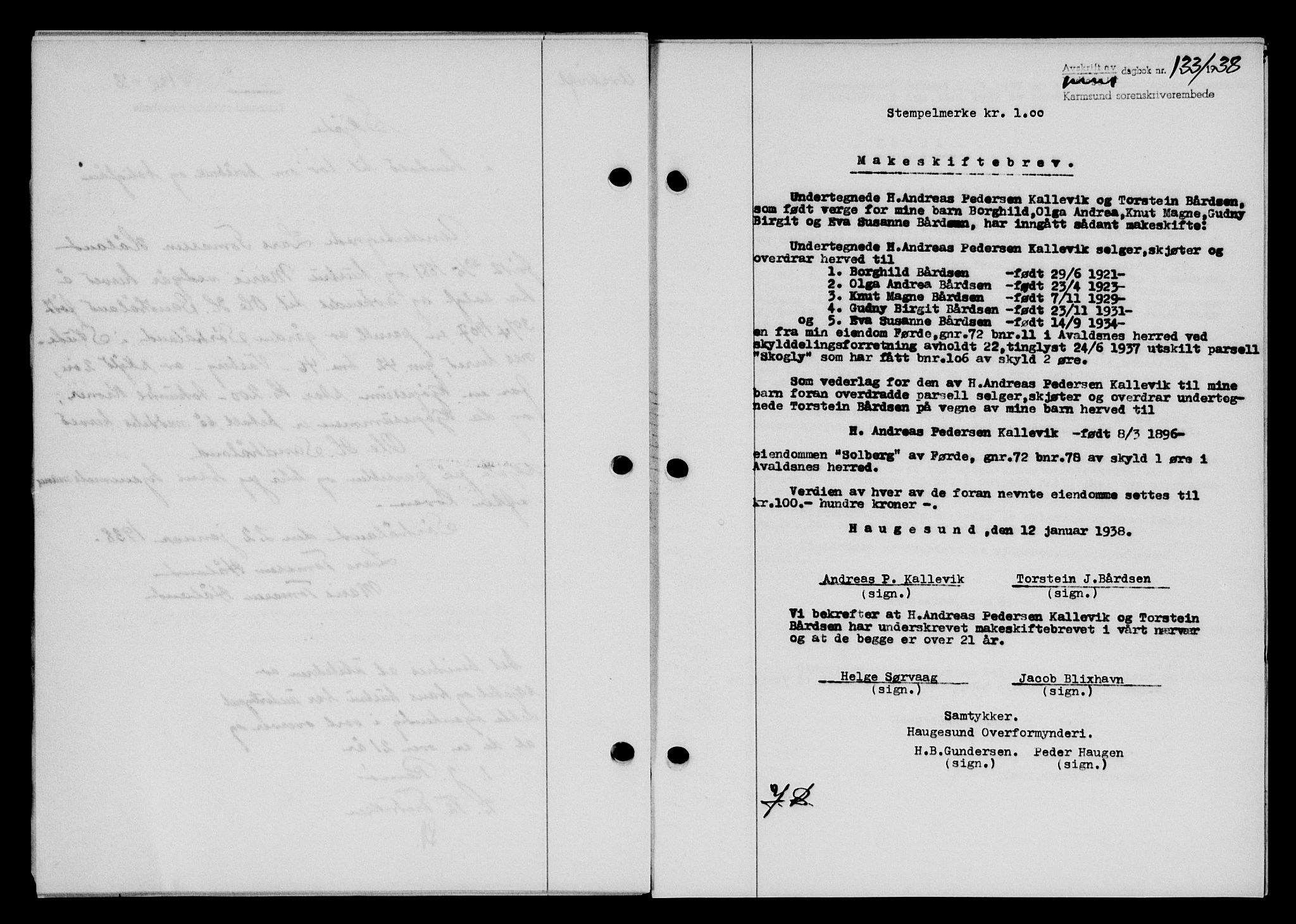Karmsund sorenskriveri, SAST/A-100311/01/II/IIB/L0069: Pantebok nr. 50A, 1937-1938, Dagboknr: 133/1938