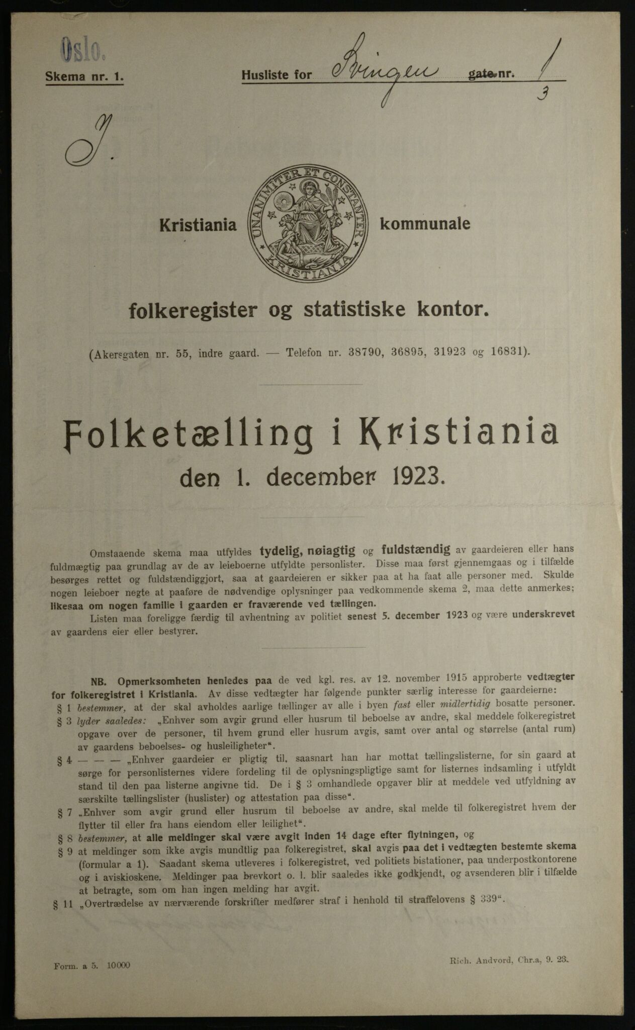 OBA, Kommunal folketelling 1.12.1923 for Kristiania, 1923, s. 117498