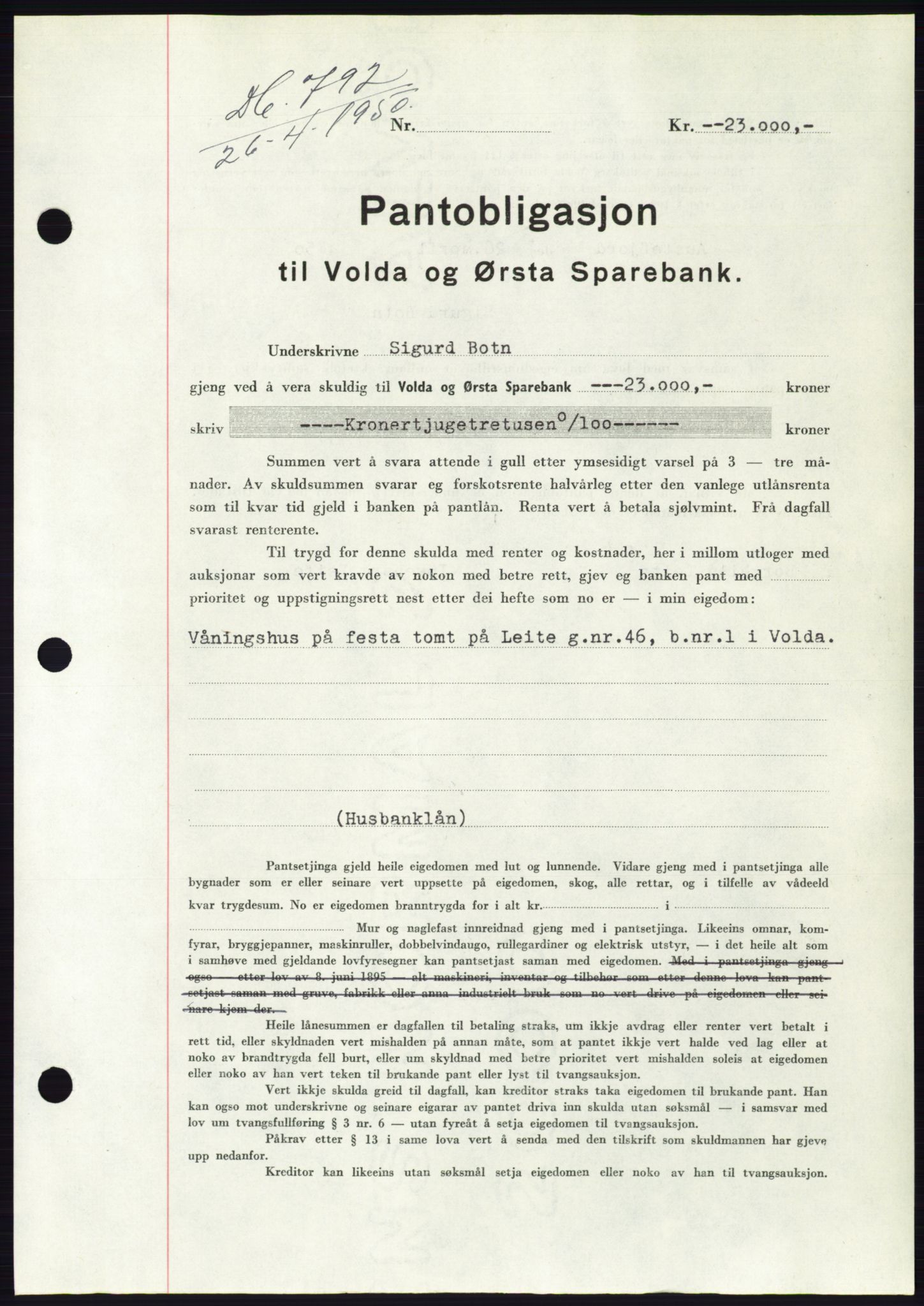 Søre Sunnmøre sorenskriveri, SAT/A-4122/1/2/2C/L0118: Pantebok nr. 6B, 1949-1950, Dagboknr: 792/1950