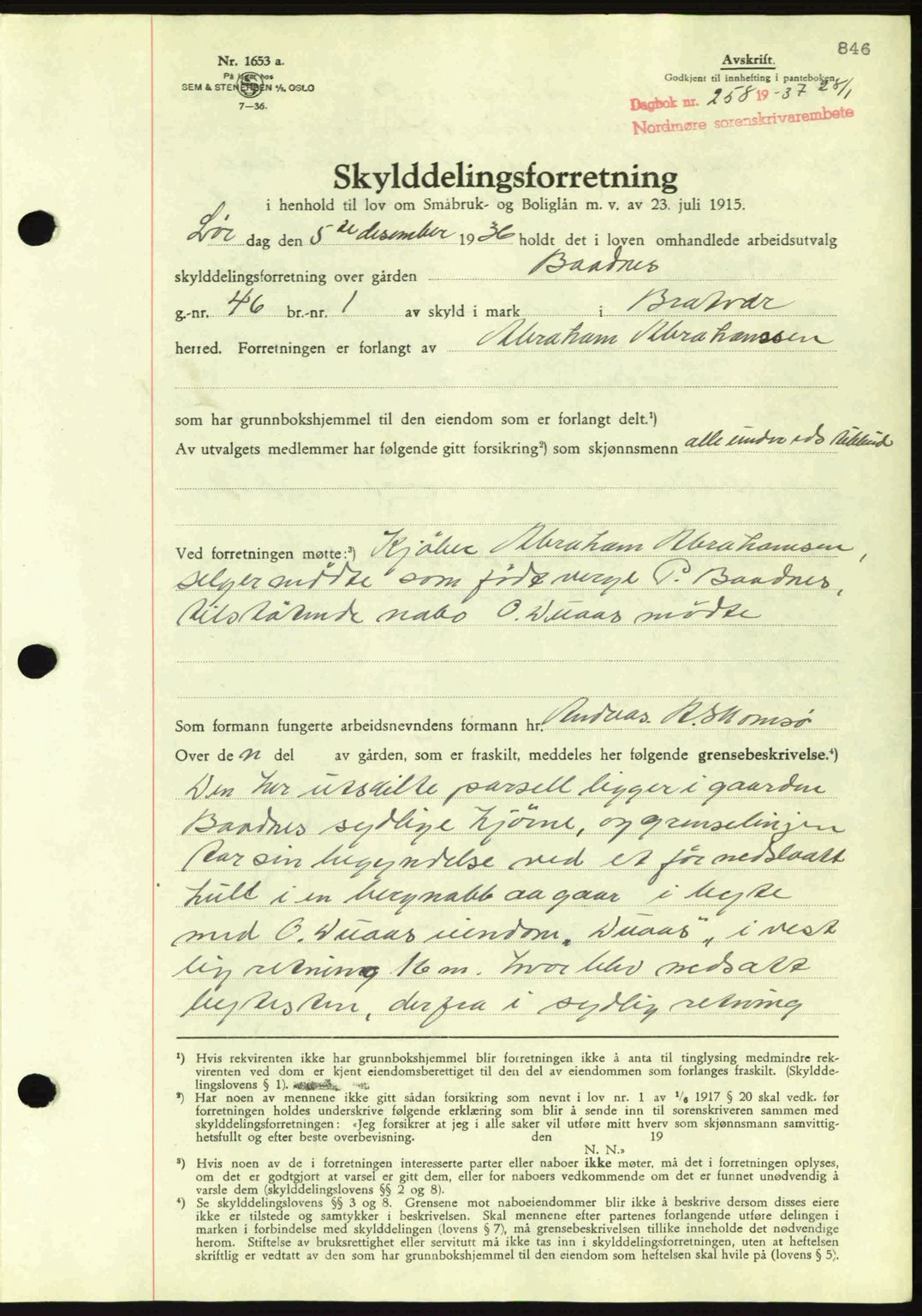 Nordmøre sorenskriveri, SAT/A-4132/1/2/2Ca: Pantebok nr. A80, 1936-1937, Dagboknr: 258/1937