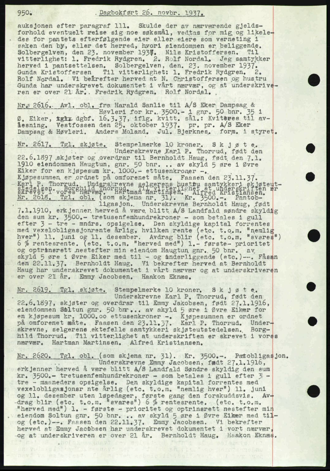 Eiker, Modum og Sigdal sorenskriveri, SAKO/A-123/G/Ga/Gab/L0036: Pantebok nr. A6, 1937-1937, Dagboknr: 2616/1937