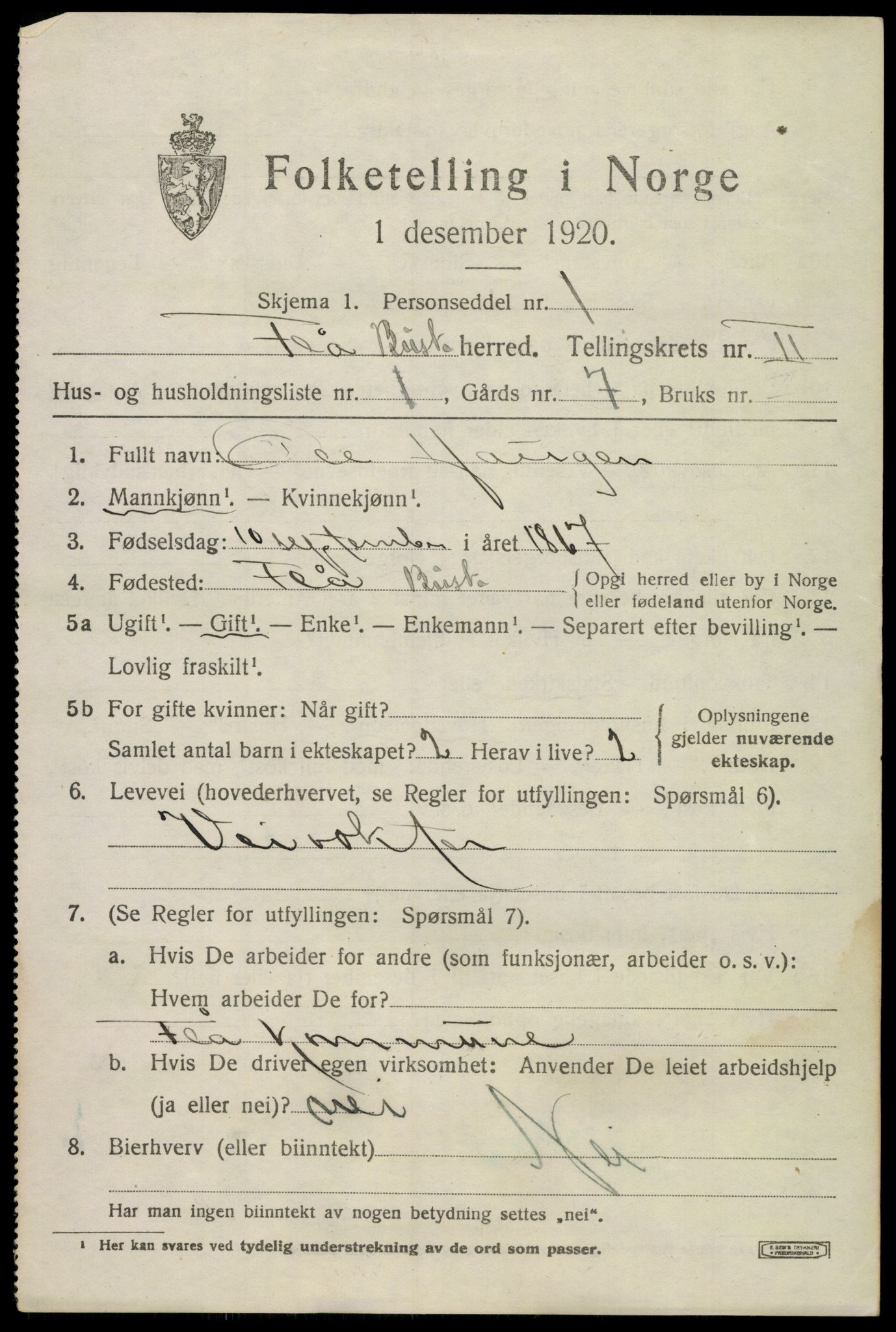 SAKO, Folketelling 1920 for 0615 Flå herred, 1920, s. 1369