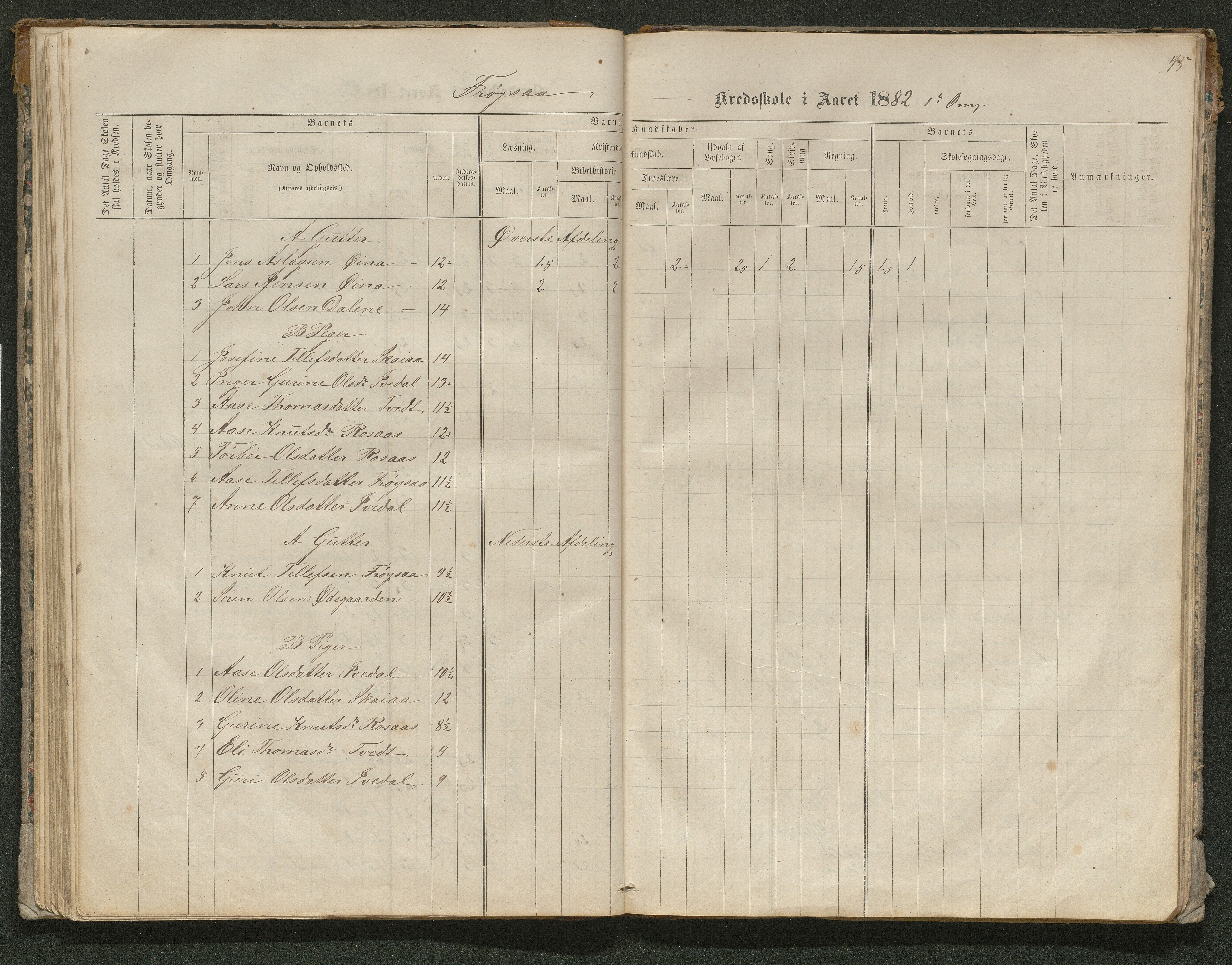 Iveland kommune, De enkelte kretsene/Skolene, AAKS/KA0935-550/A_10/L0005: Skoleprotokoll for Frøyså og Mykland krets, 1864-1881, s. 55