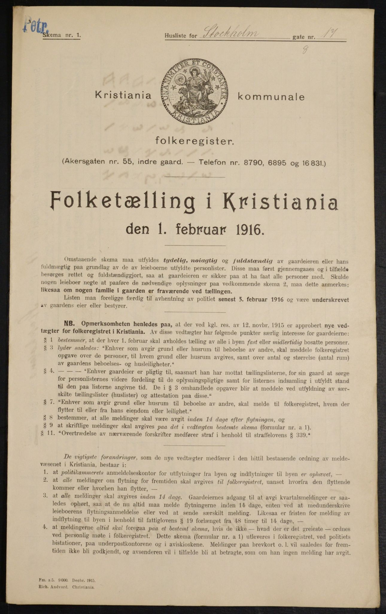 OBA, Kommunal folketelling 1.2.1916 for Kristiania, 1916, s. 105182