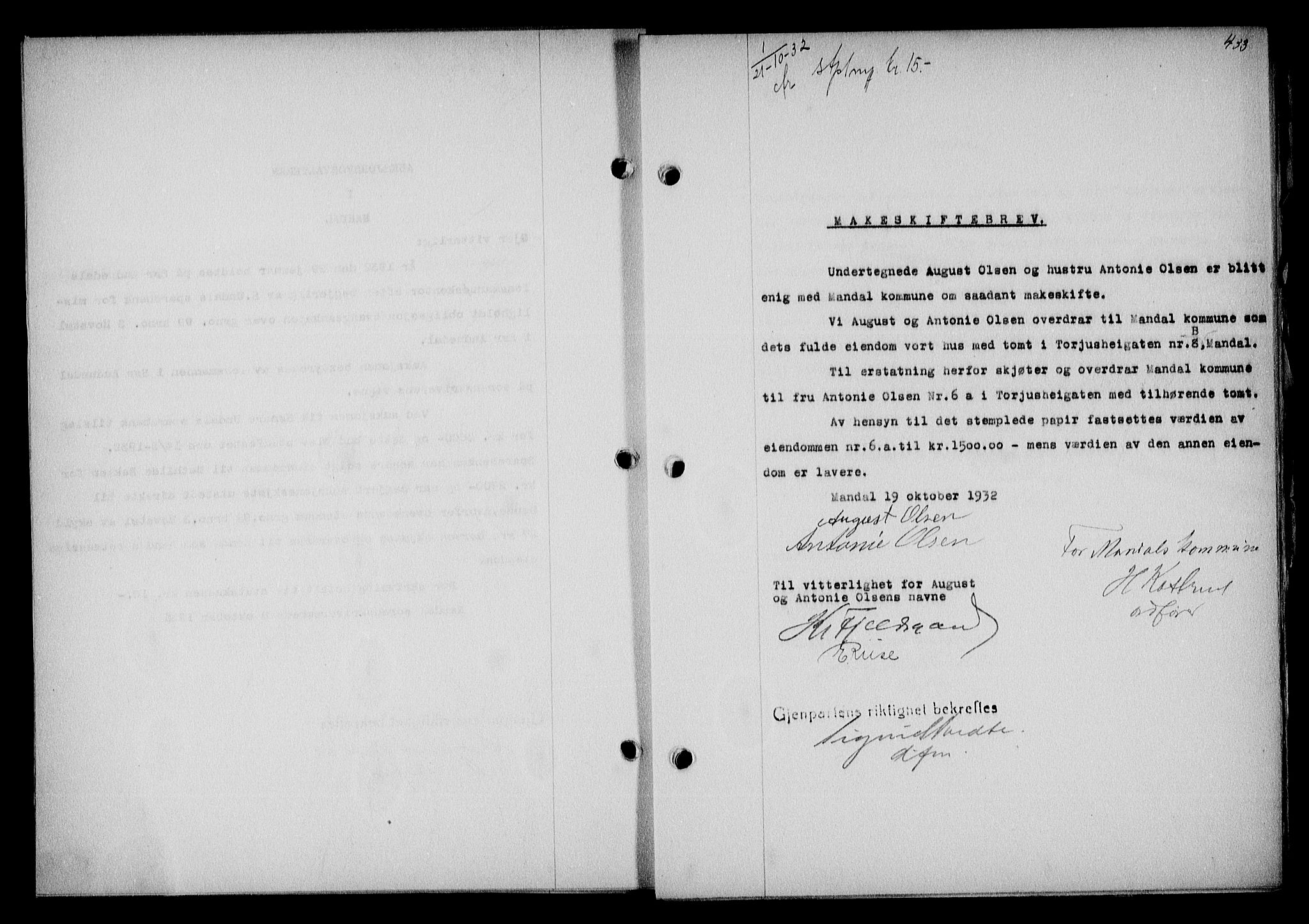 Mandal sorenskriveri, SAK/1221-0005/001/G/Gb/Gba/L0067: Pantebok nr. A-4, 1932-1934, Tingl.dato: 21.10.1932