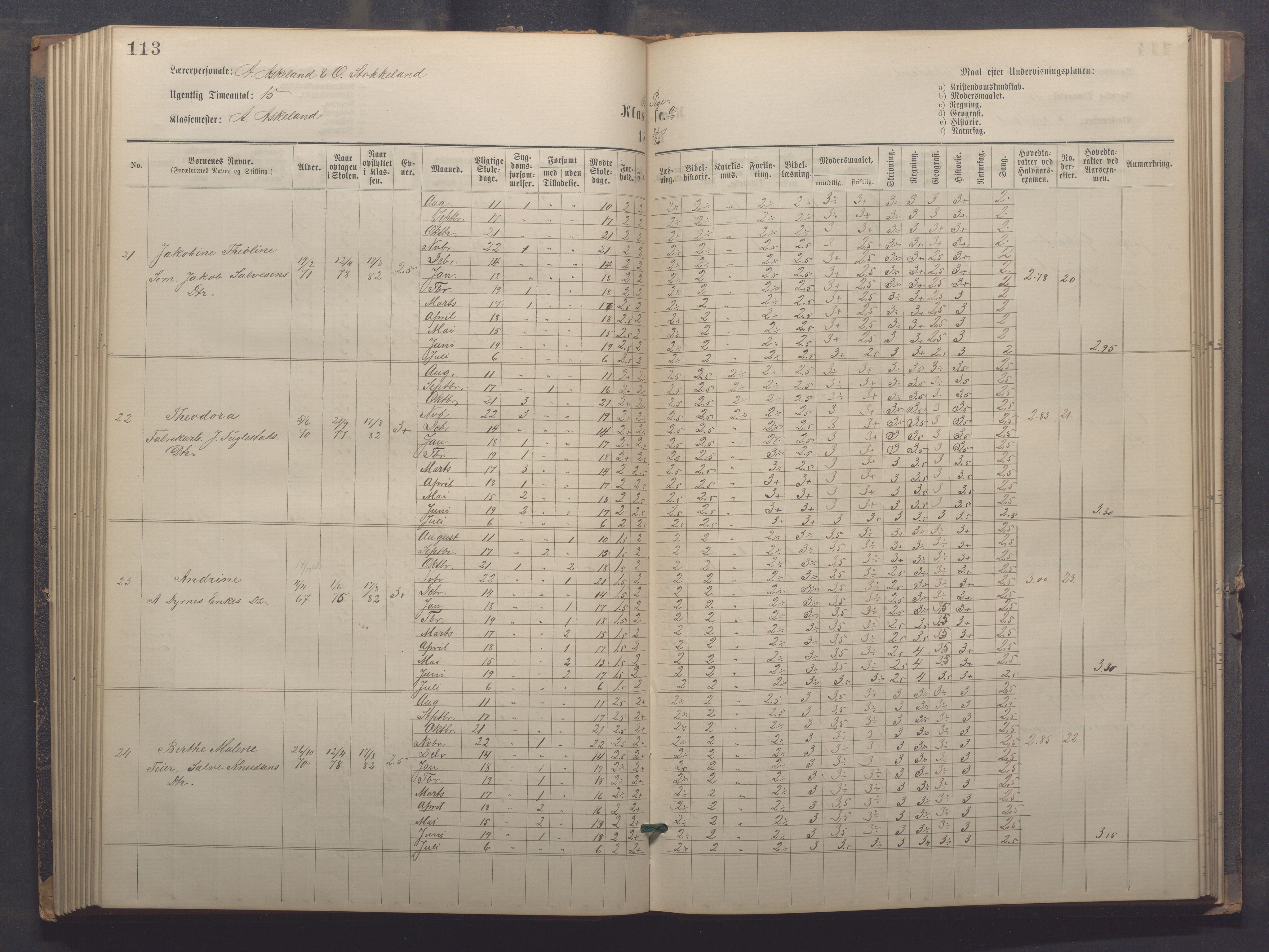 Egersund kommune (Ladested) - Egersund almueskole/folkeskole, IKAR/K-100521/H/L0021: Skoleprotokoll - Almueskolen, 7. klasse, 1878-1886, s. 113