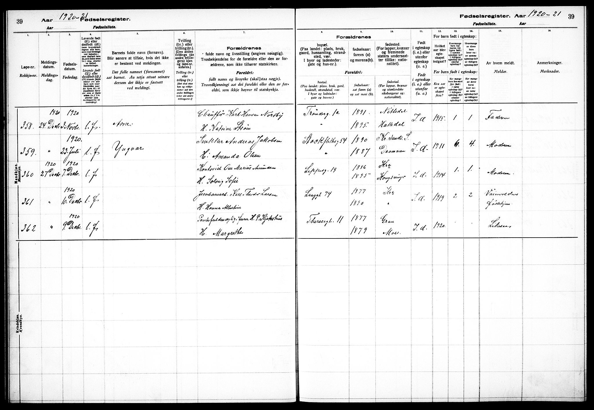 Sagene prestekontor Kirkebøker, AV/SAO-A-10796/J/L0002: Fødselsregister nr. 2, 1920-1922, s. 39