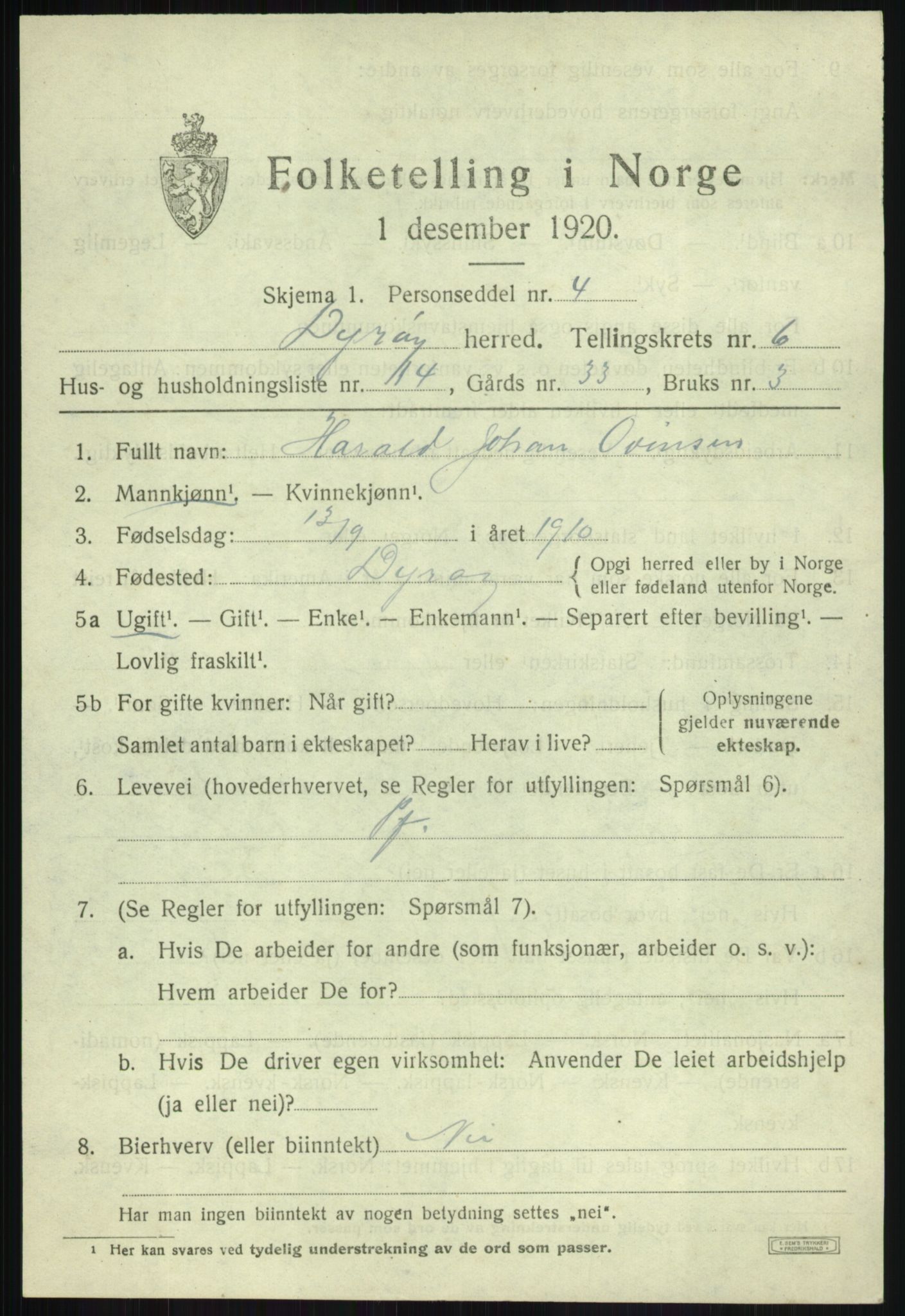 SATØ, Folketelling 1920 for 1926 Dyrøy herred, 1920, s. 3295