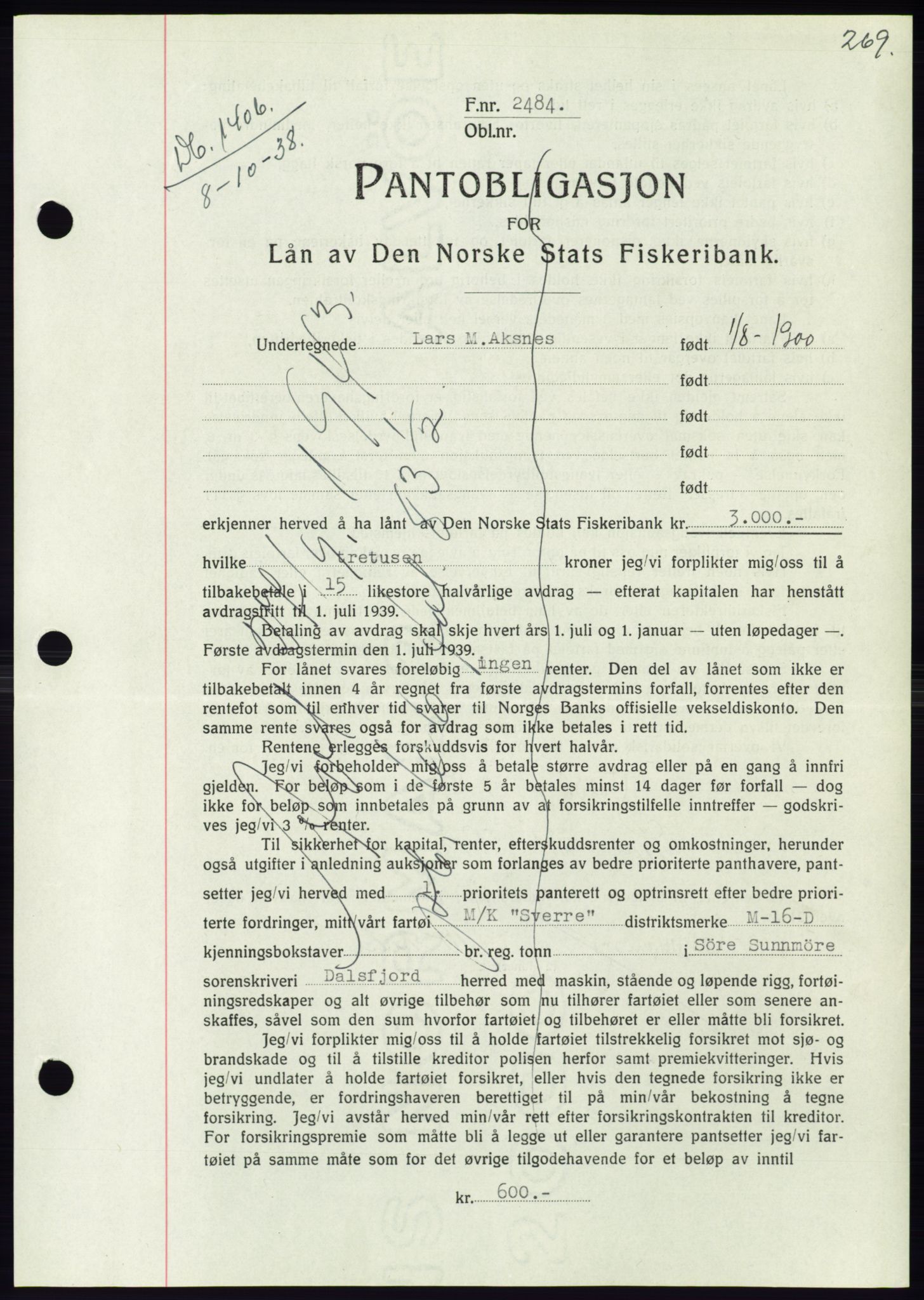 Søre Sunnmøre sorenskriveri, AV/SAT-A-4122/1/2/2C/L0066: Pantebok nr. 60, 1938-1938, Dagboknr: 1406/1938