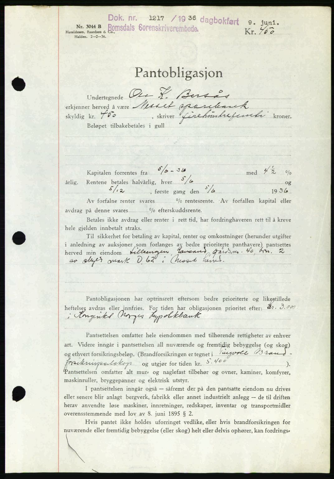 Romsdal sorenskriveri, SAT/A-4149/1/2/2C: Pantebok nr. B1, 1936-1939, Dagboknr: 1217/1936