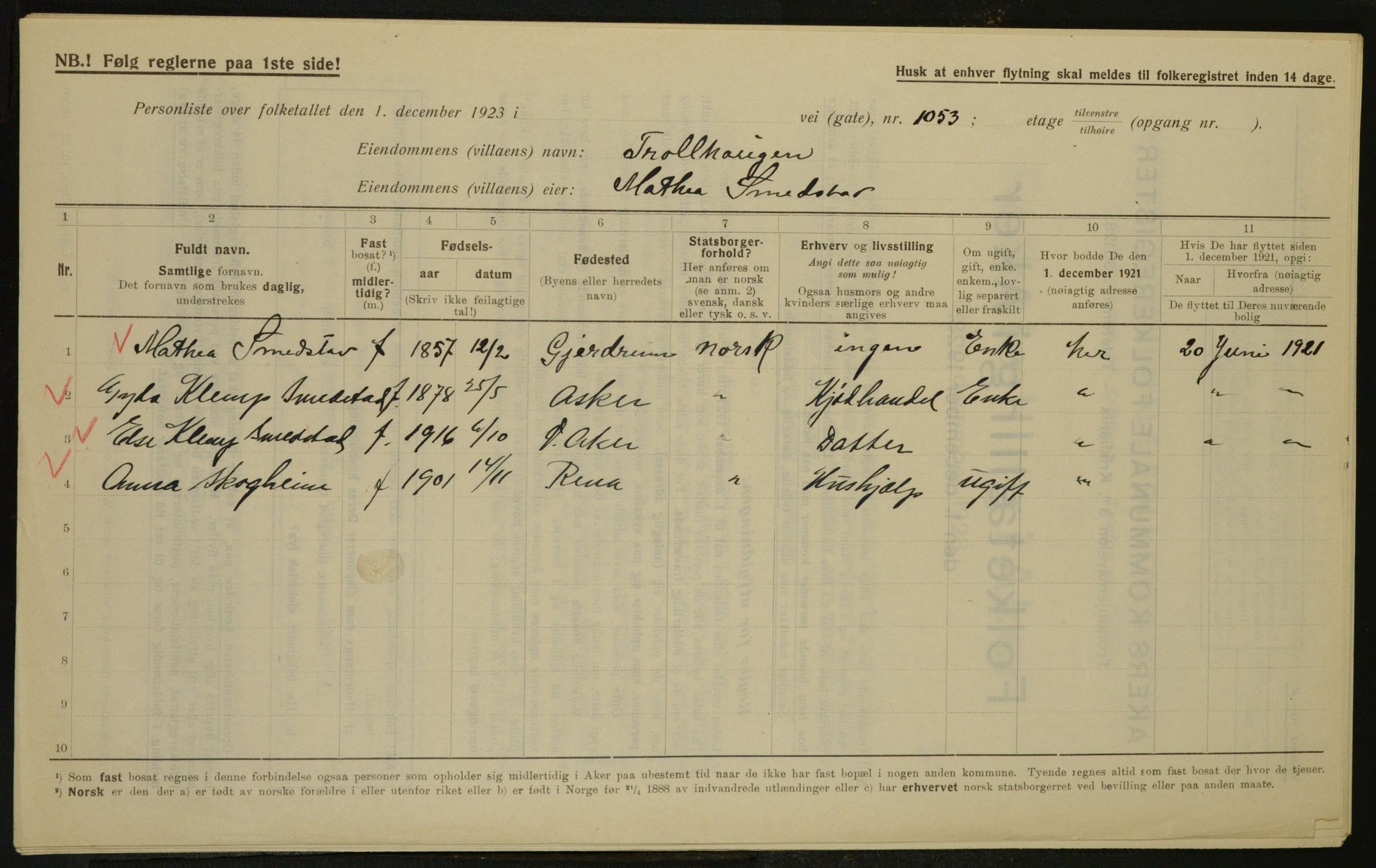 , Kommunal folketelling 1.12.1923 for Aker, 1923, s. 2956