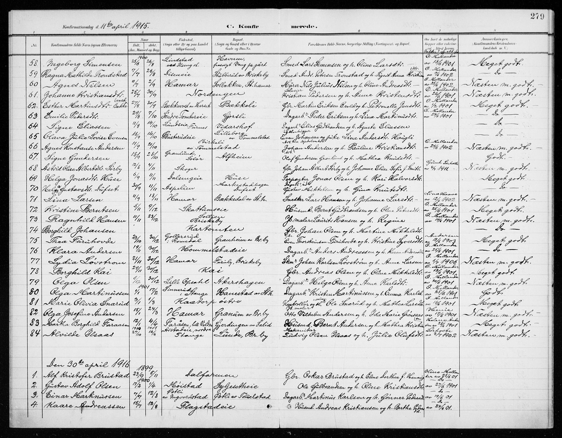 Vang prestekontor, Hedmark, AV/SAH-PREST-008/H/Ha/Haa/L0021: Ministerialbok nr. 21, 1902-1917, s. 279