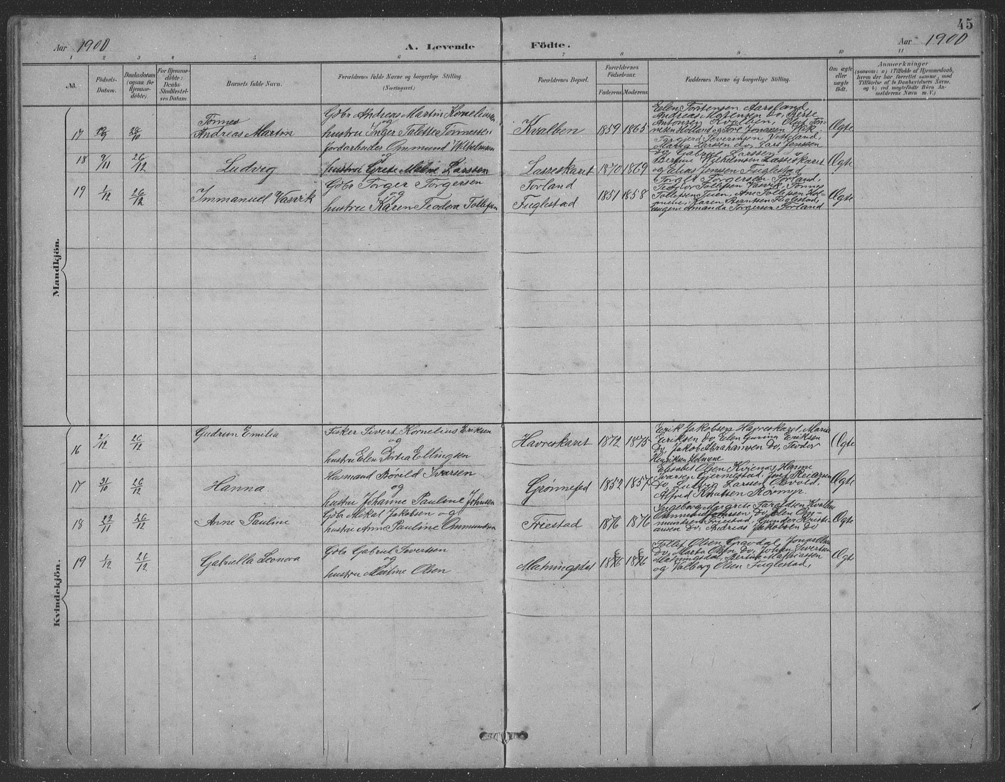 Eigersund sokneprestkontor, AV/SAST-A-101807/001/30/30BB/L0021: Klokkerbok nr. B 21, 1890-1915, s. 45