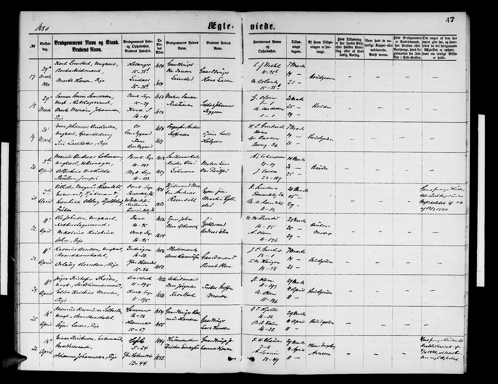 Domkirken sokneprestembete, AV/SAB-A-74801/H/Hab/L0031: Klokkerbok nr. D 3, 1877-1880, s. 47