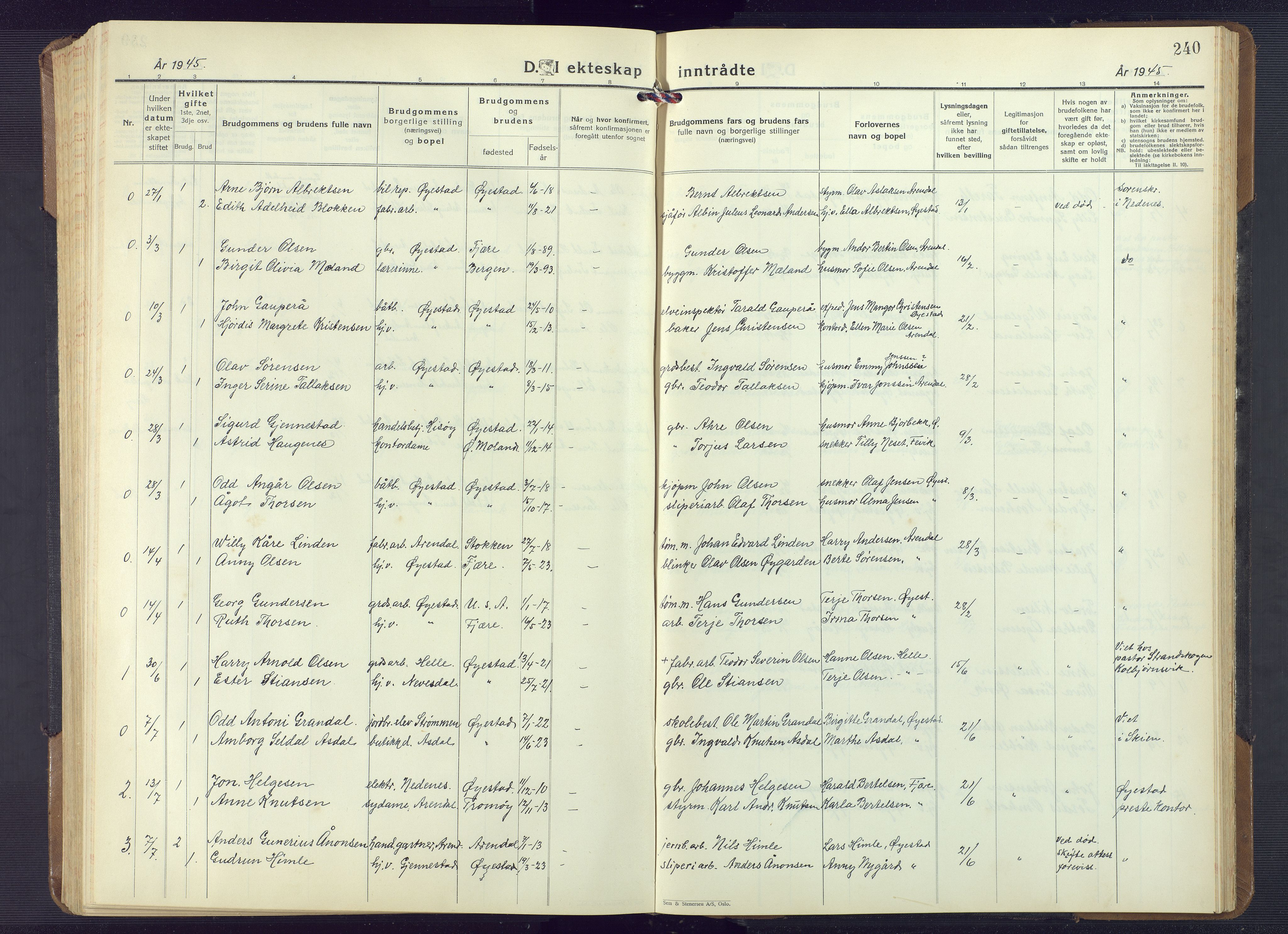 Øyestad sokneprestkontor, AV/SAK-1111-0049/F/Fb/L0013: Klokkerbok nr. B 13, 1933-1945, s. 240