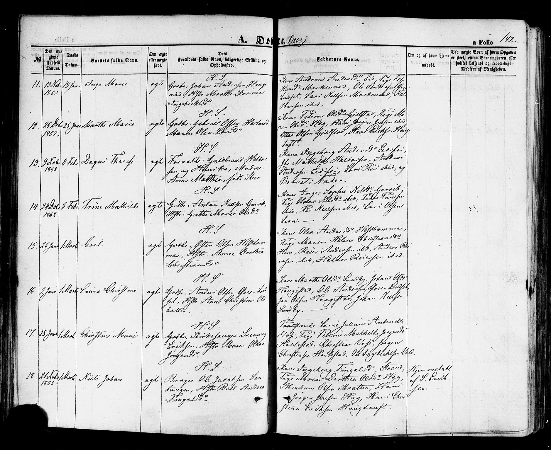 Hof kirkebøker, AV/SAKO-A-64/F/Fa/L0006: Ministerialbok nr. I 6, 1851-1877, s. 142