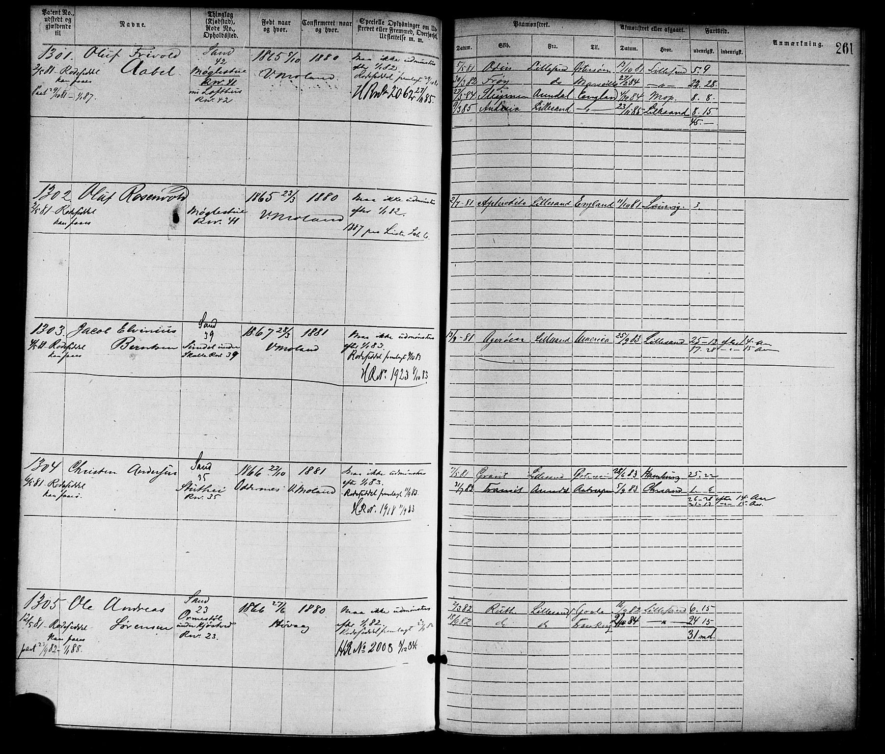Lillesand mønstringskrets, SAK/2031-0014/F/Fa/L0004: Annotasjonsrulle nr 1-1920 med register, G-1, 1869-1891, s. 287