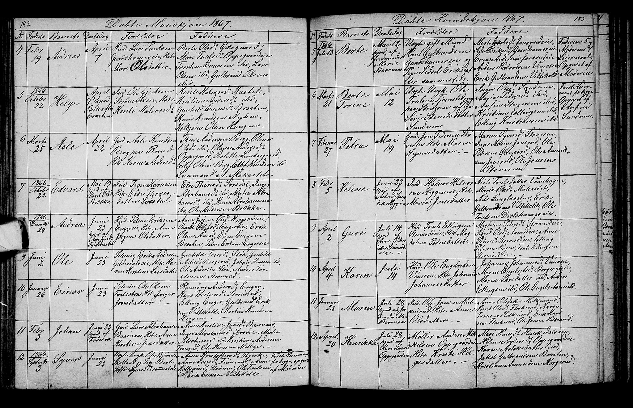 Lunder kirkebøker, AV/SAKO-A-629/G/Ga/L0002: Klokkerbok nr. I 2, 1849-1868, s. 182-183