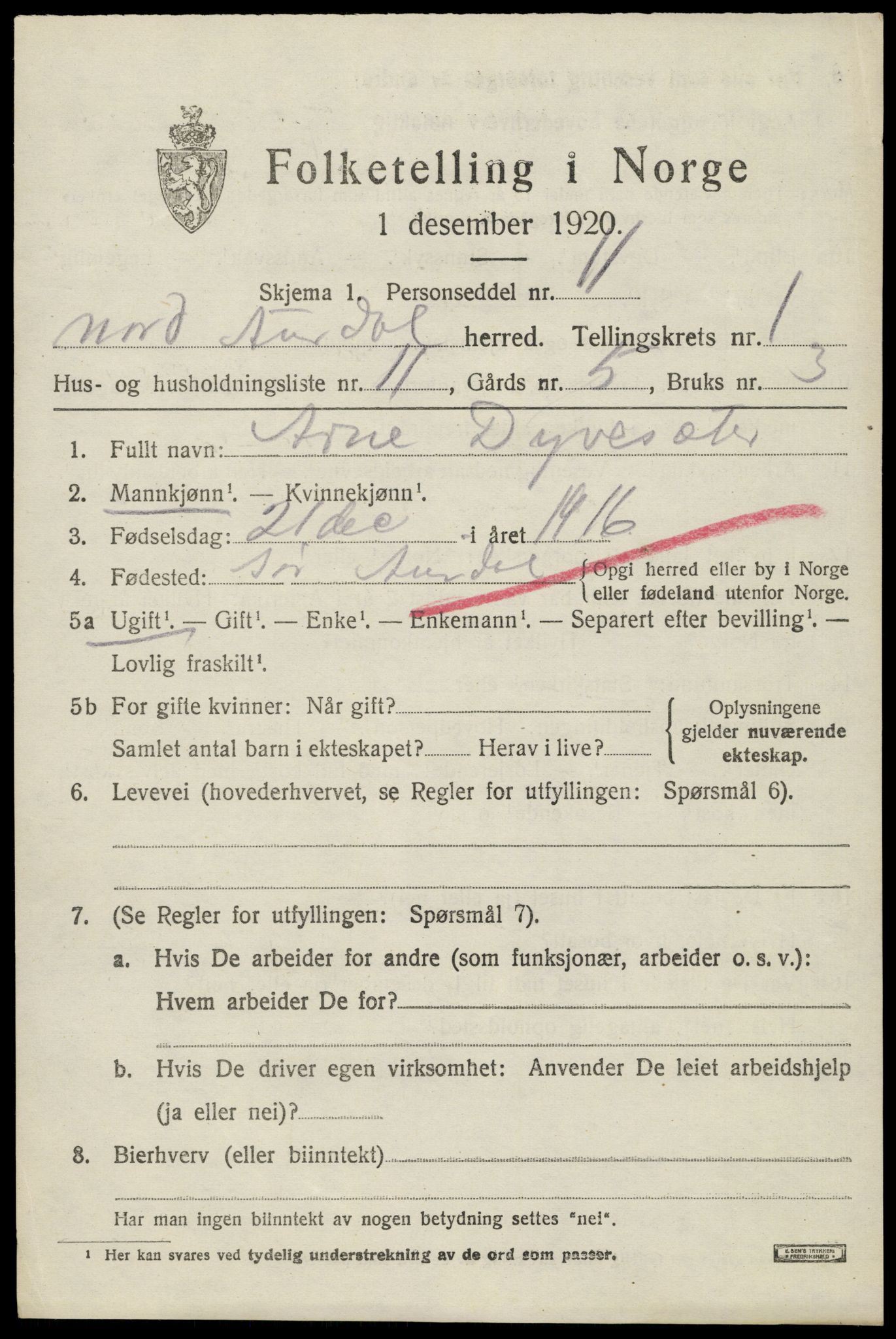 SAH, Folketelling 1920 for 0542 Nord-Aurdal herred, 1920, s. 2012