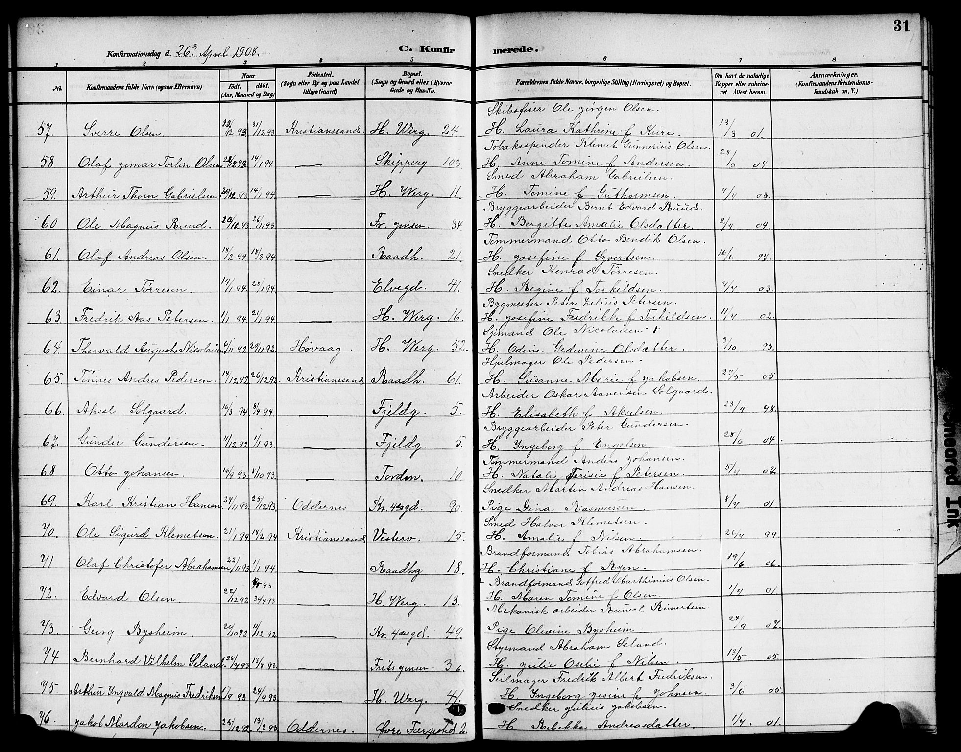 Kristiansand domprosti, AV/SAK-1112-0006/F/Fb/L0020: Klokkerbok nr. B 20, 1906-1915, s. 31