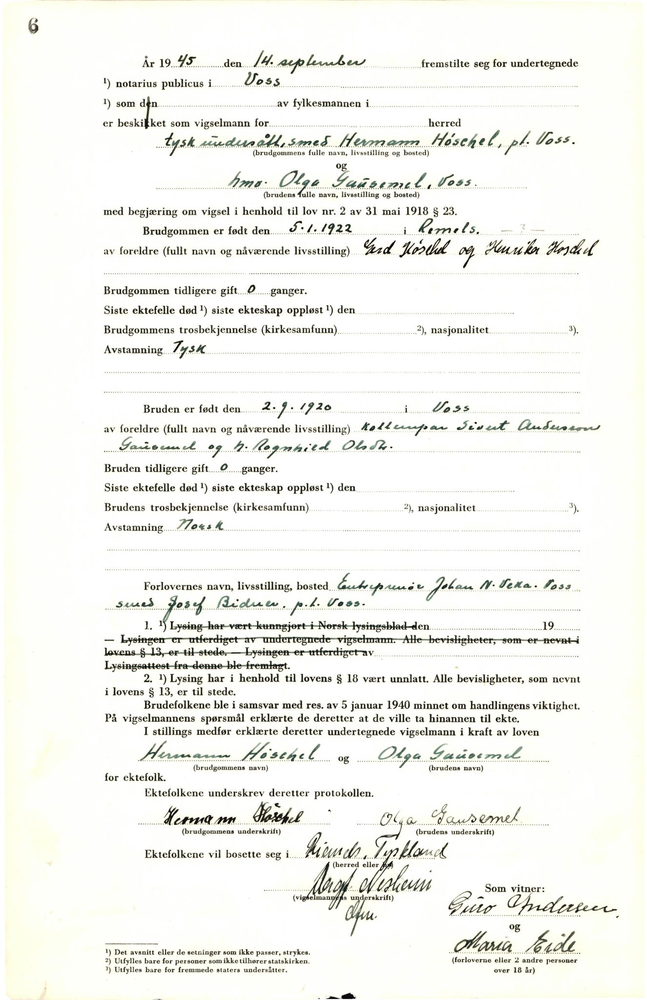 Voss sorenskrivar, AV/SAB-A-2701/M/Maa/L0003: Vigselbok, 1945-1969, s. 6