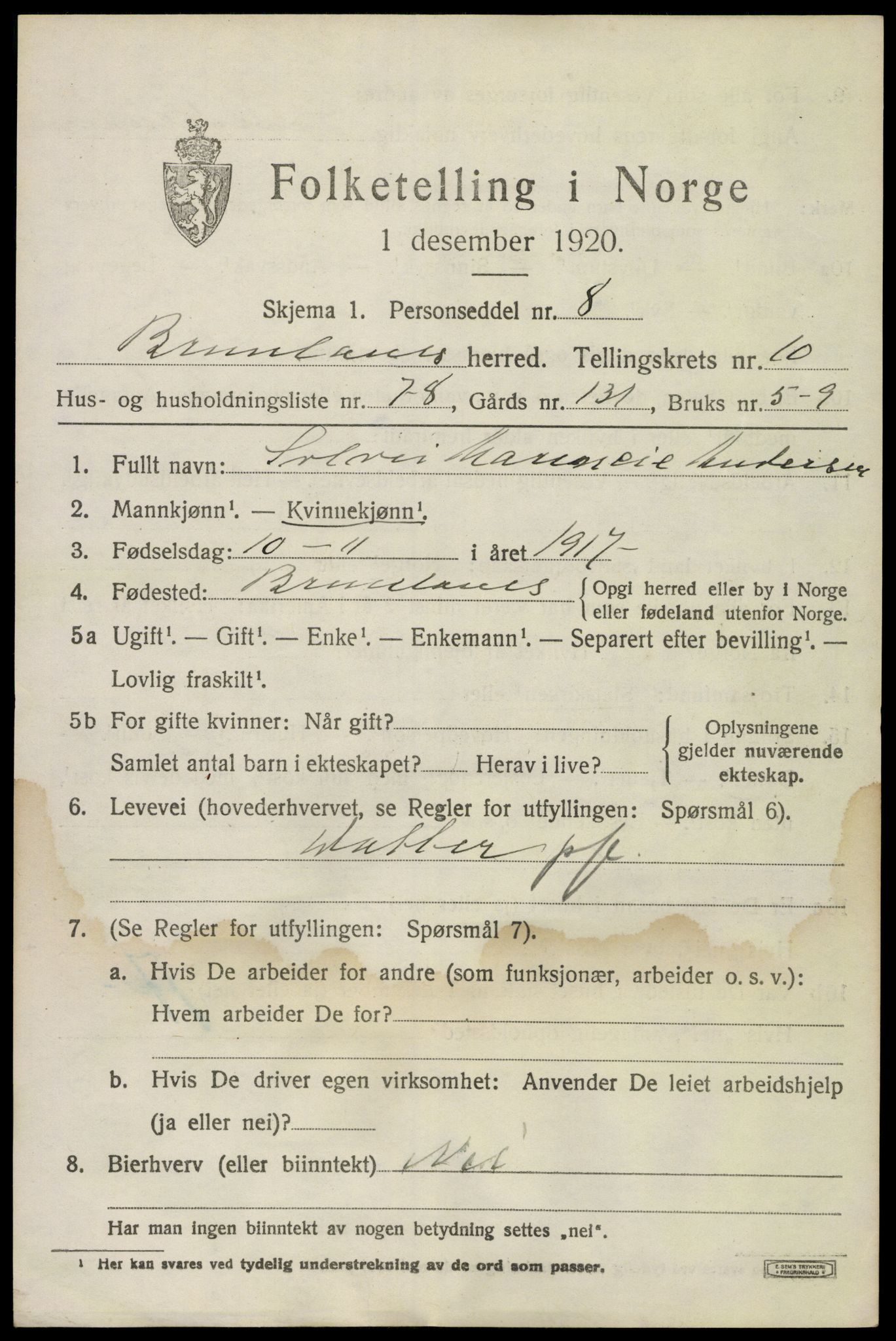 SAKO, Folketelling 1920 for 0726 Brunlanes herred, 1920, s. 9265
