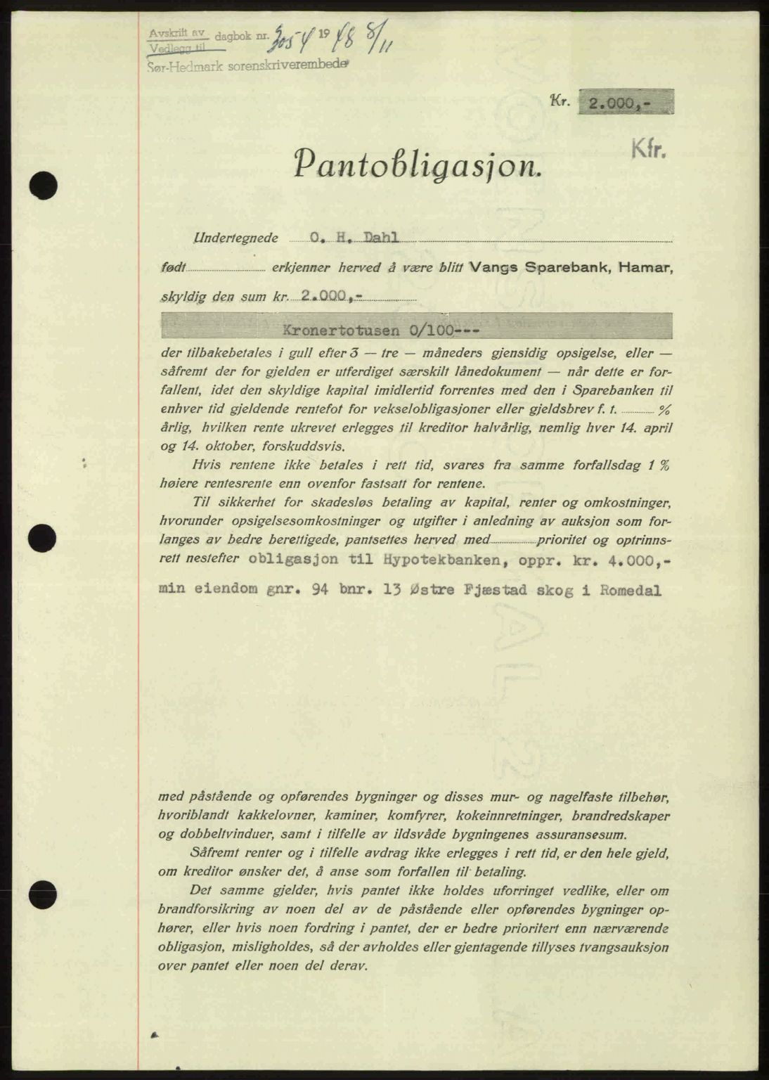 Sør-Hedmark sorenskriveri, SAH/TING-014/H/Hb/Hbd/L0018: Pantebok nr. 18, 1948-1949, Dagboknr: 3054/1948