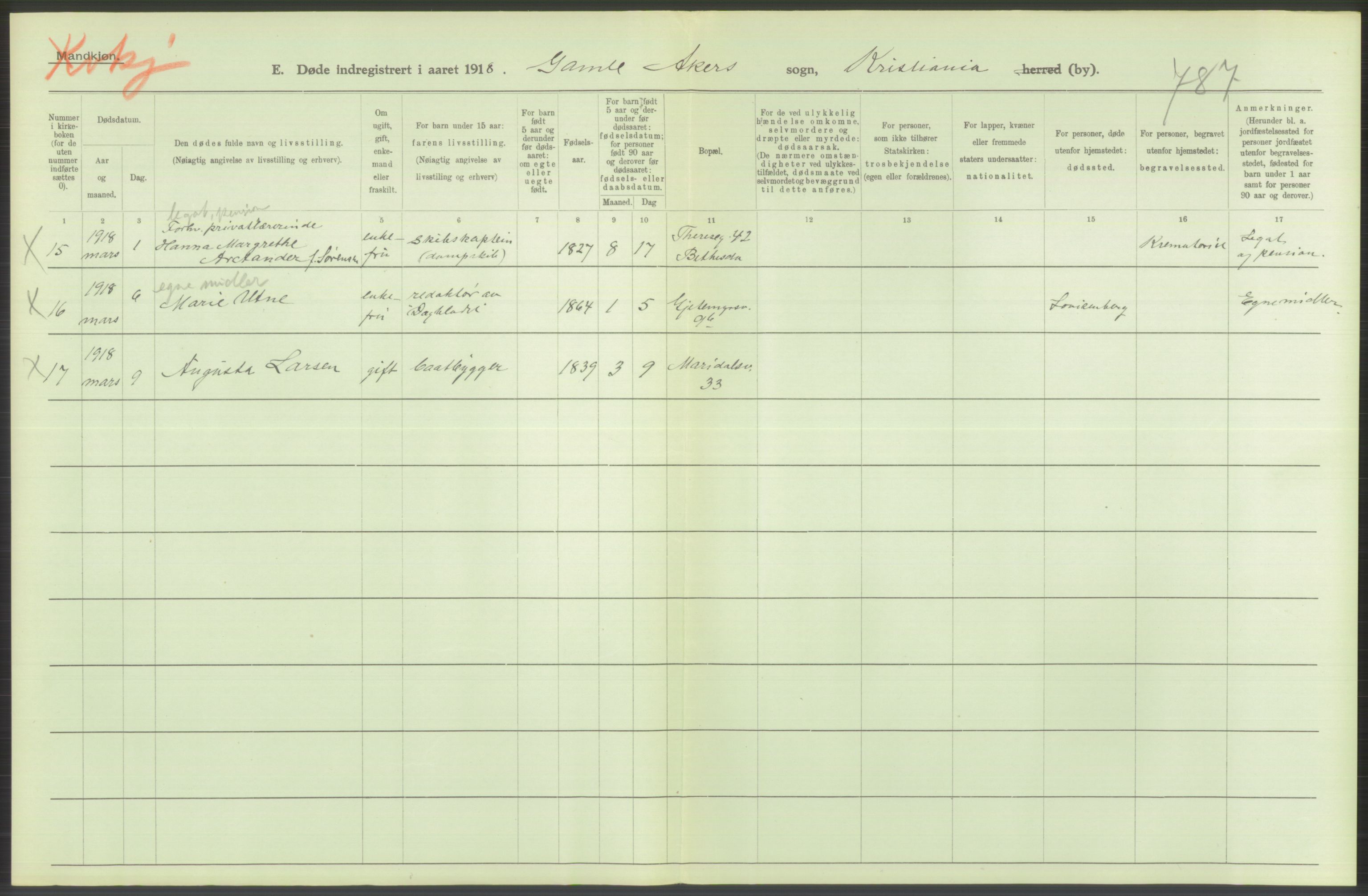 Statistisk sentralbyrå, Sosiodemografiske emner, Befolkning, AV/RA-S-2228/D/Df/Dfb/Dfbh/L0010: Kristiania: Døde, 1918, s. 344