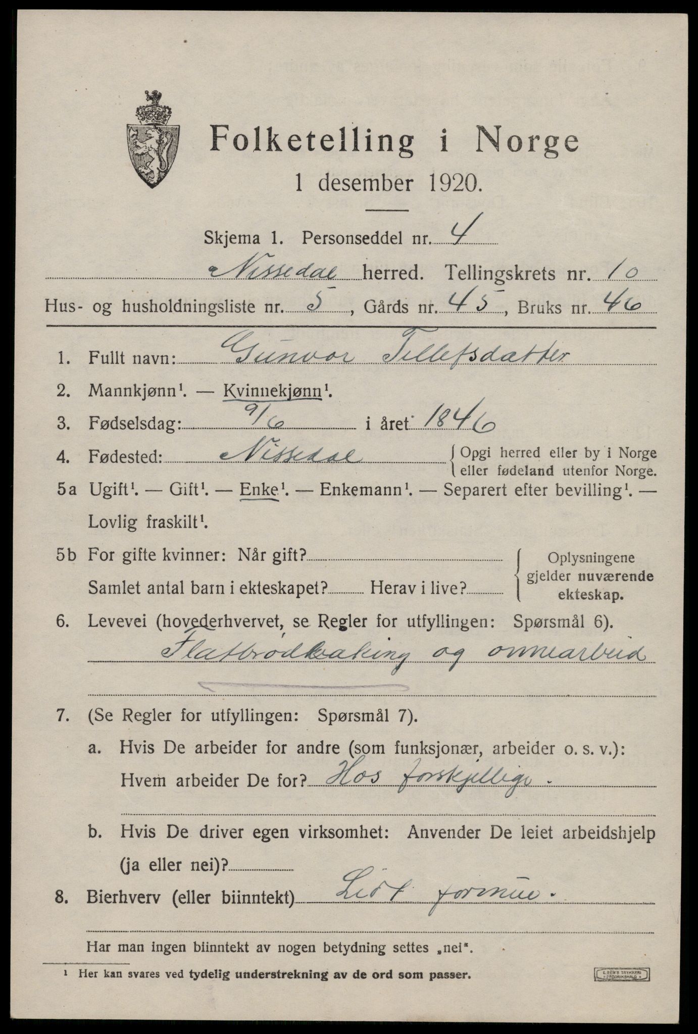 SAKO, Folketelling 1920 for 0830 Nissedal herred, 1920, s. 3923