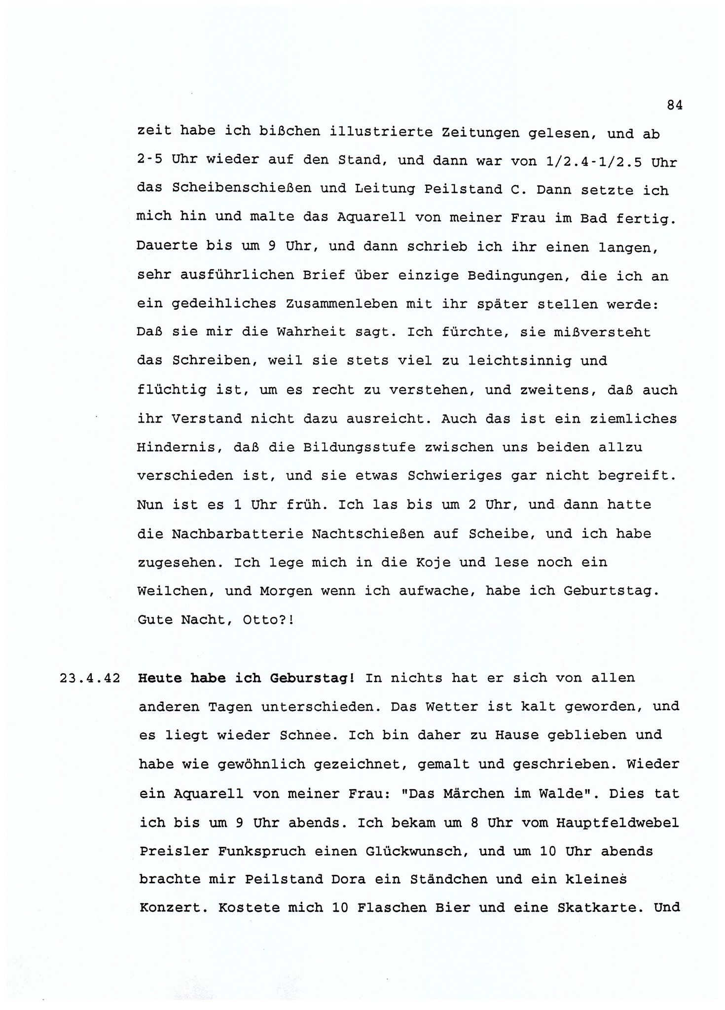 Dagbokopptegnelser av en tysk marineoffiser stasjonert i Norge , FMFB/A-1160/F/L0001: Dagbokopptegnelser av en tysk marineoffiser stasjonert i Norge, 1941-1944, s. 84