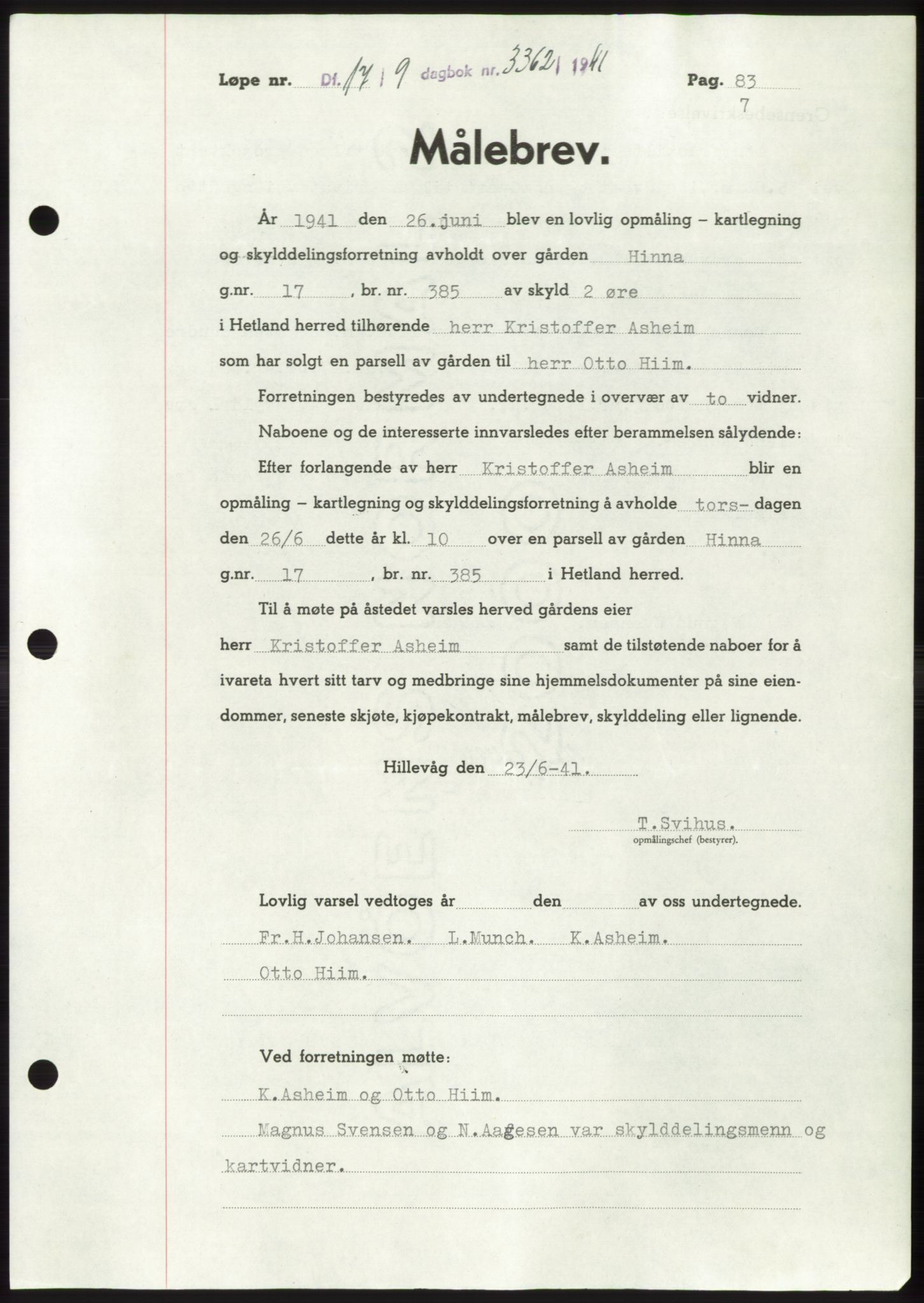 Jæren sorenskriveri, SAST/A-100310/03/G/Gba/L0081: Pantebok, 1941-1941, Dagboknr: 3362/1941