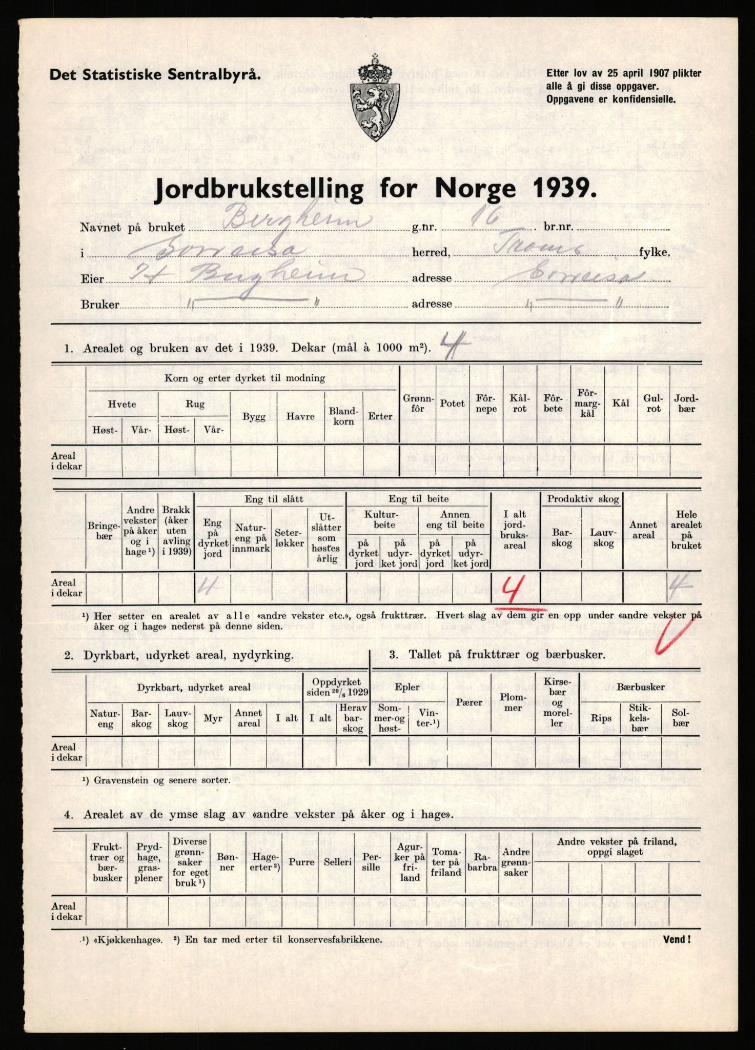 Statistisk sentralbyrå, Næringsøkonomiske emner, Jordbruk, skogbruk, jakt, fiske og fangst, AV/RA-S-2234/G/Gb/L0341: Troms: Sørreisa og Tranøy, 1939, s. 91