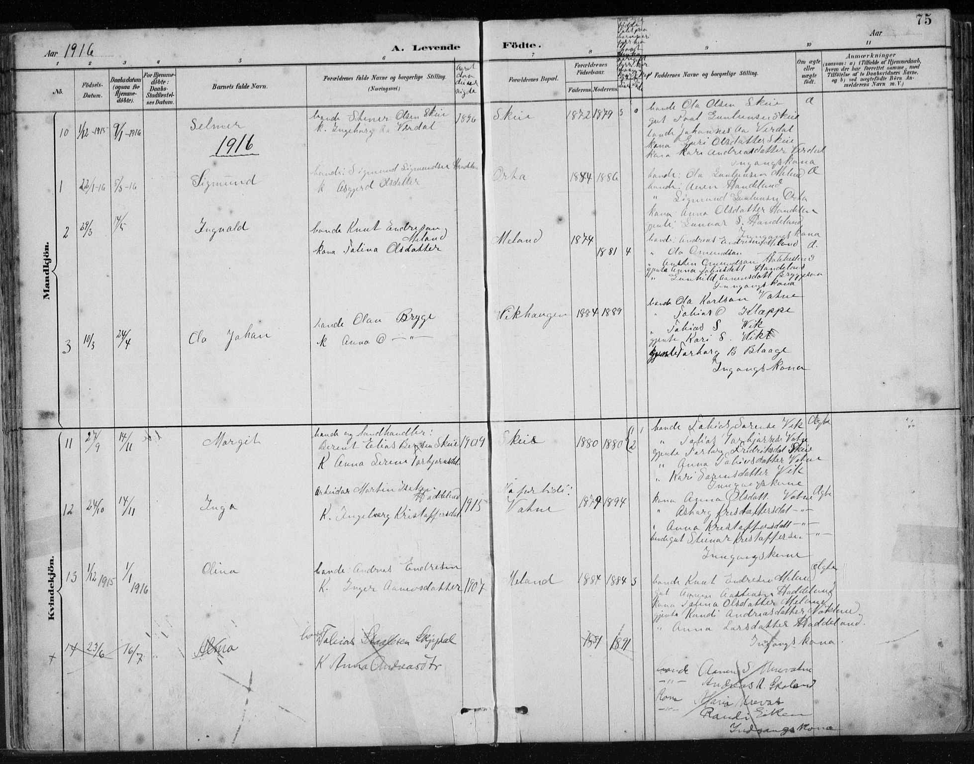 Hægebostad sokneprestkontor, AV/SAK-1111-0024/F/Fb/Fbb/L0003: Klokkerbok nr. B 3, 1887-1937, s. 75