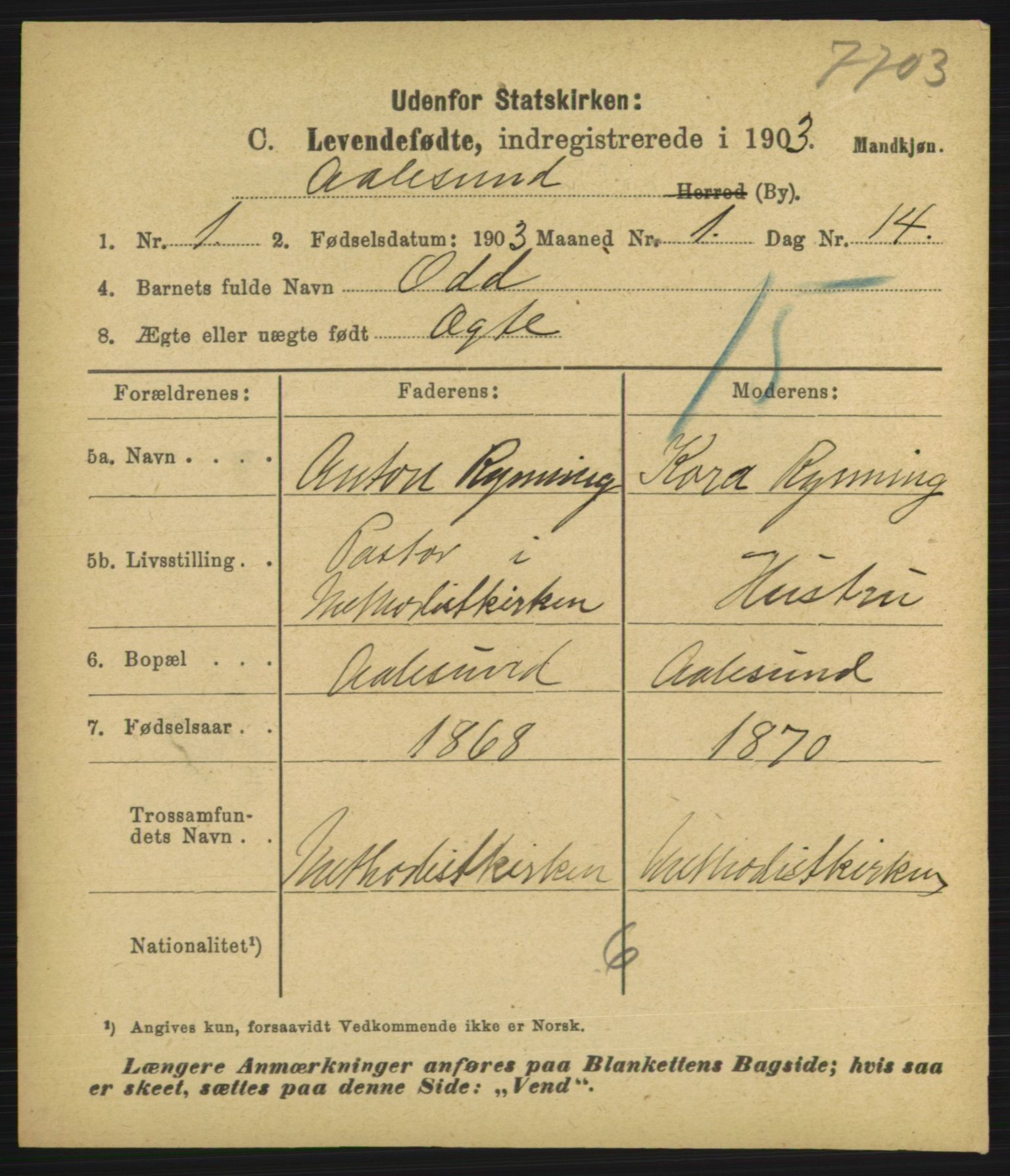Statistisk sentralbyrå, Sosiodemografiske emner, Befolkning, AV/RA-S-2228/D/Df/Dfa/Dfaa/L0016: Romsdal amt: Fødte, gifte, døde., 1903, s. 471