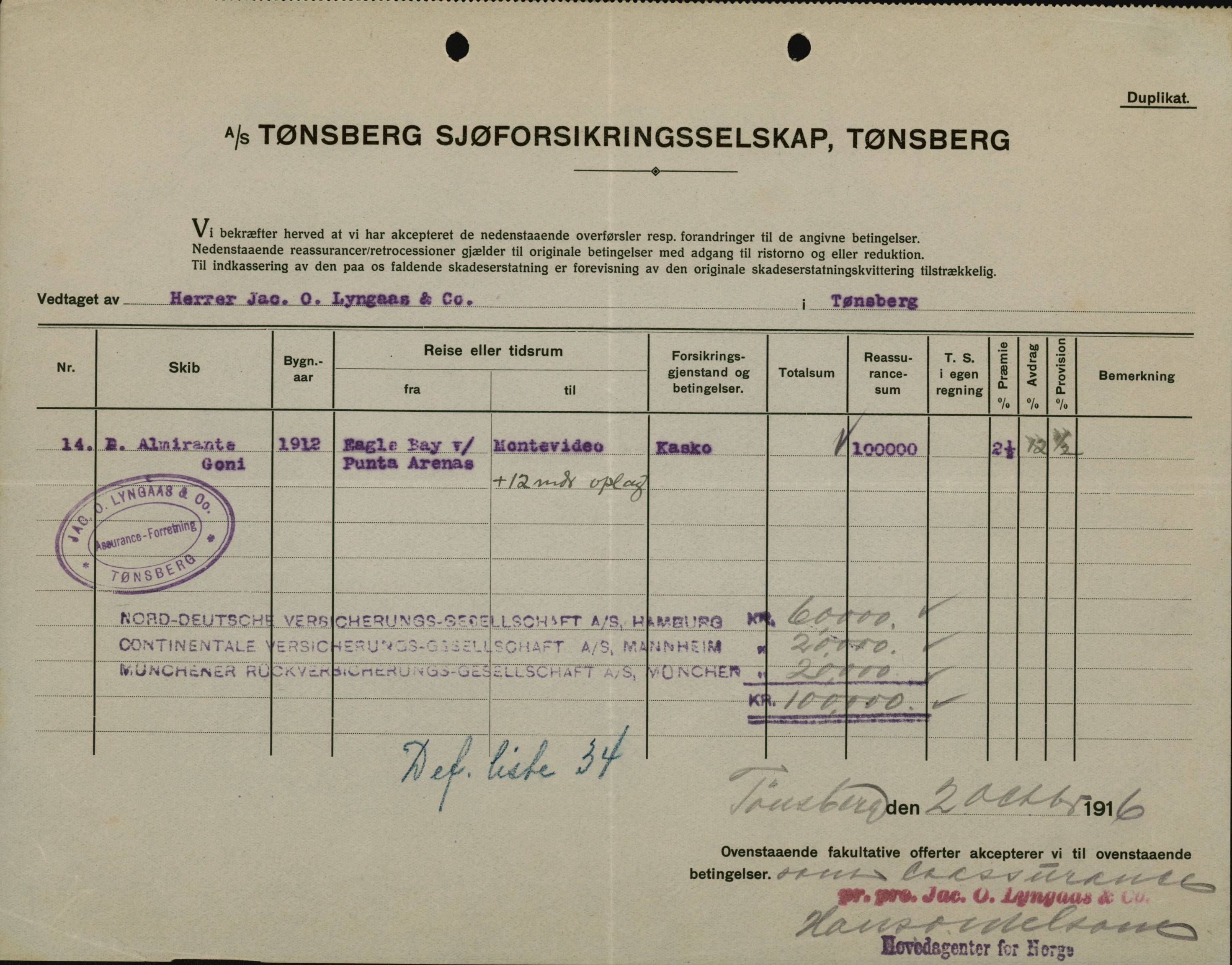 Pa 664 - Tønsberg Sjøforsikringsselskap, VEMU/A-1773/F/L0001: Forsikringspoliser, 1915-1918