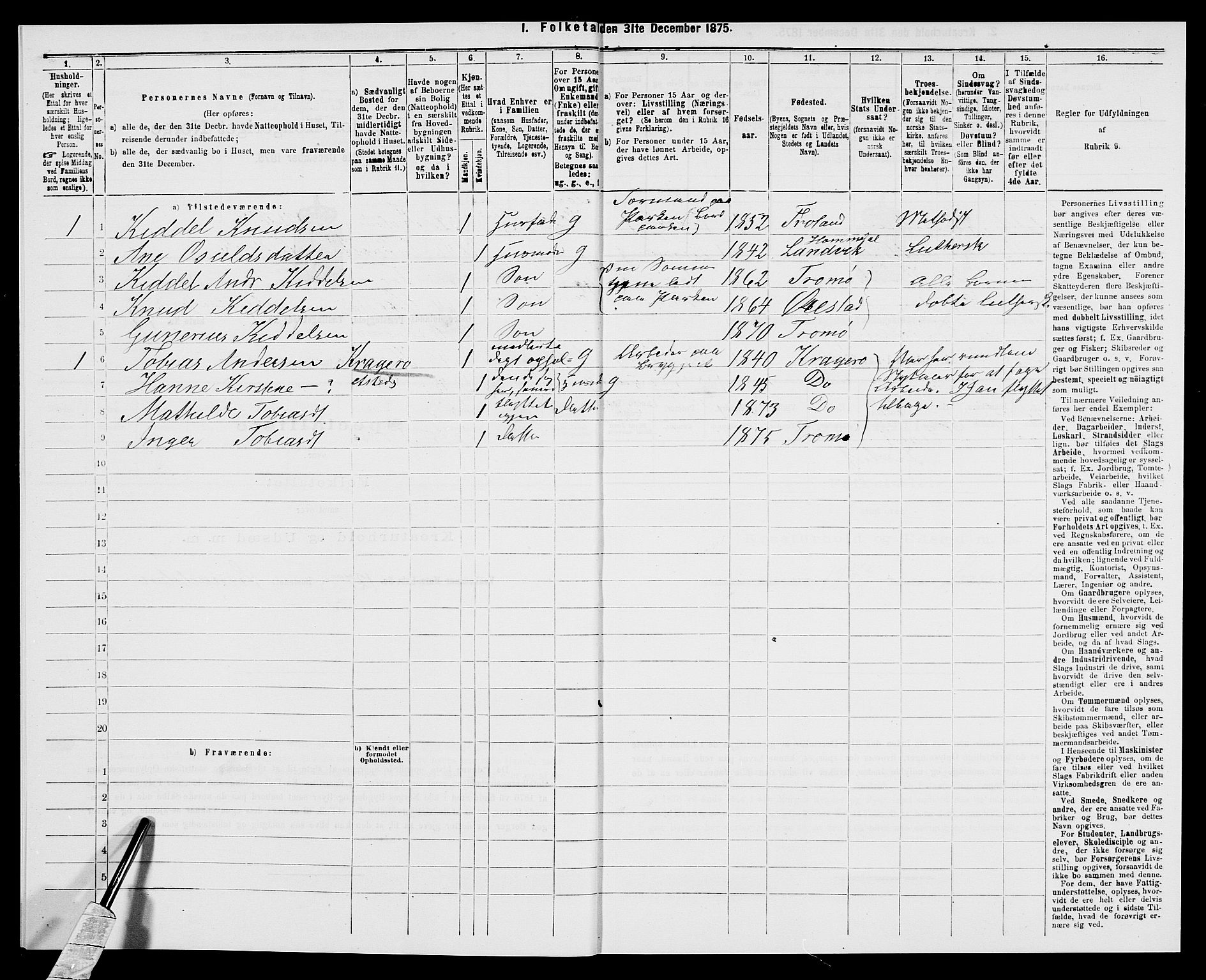 SAK, Folketelling 1875 for 0918P Austre Moland prestegjeld, 1875, s. 220