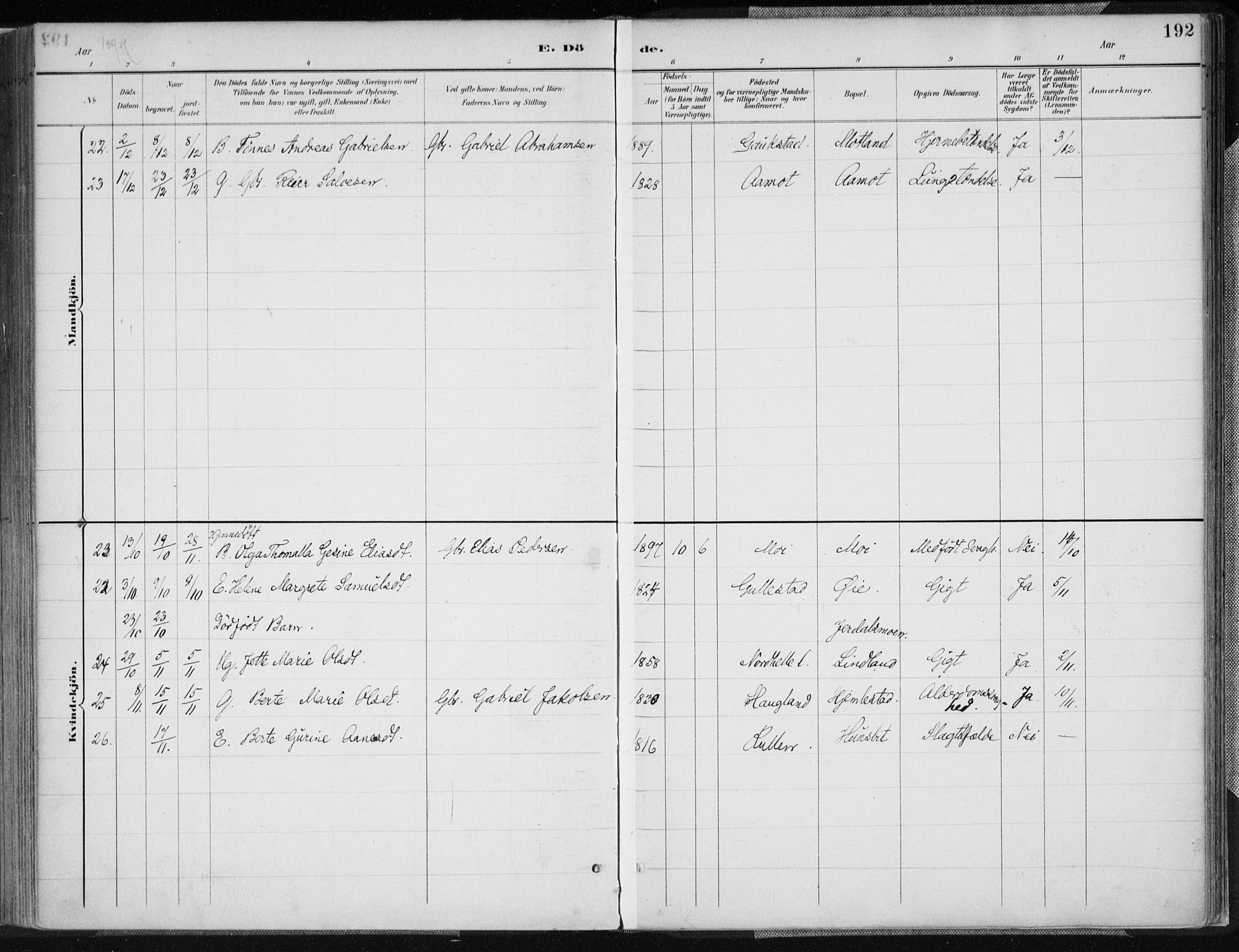 Kvinesdal sokneprestkontor, AV/SAK-1111-0026/F/Fa/Fab/L0008: Ministerialbok nr. A 8, 1886-1897, s. 192