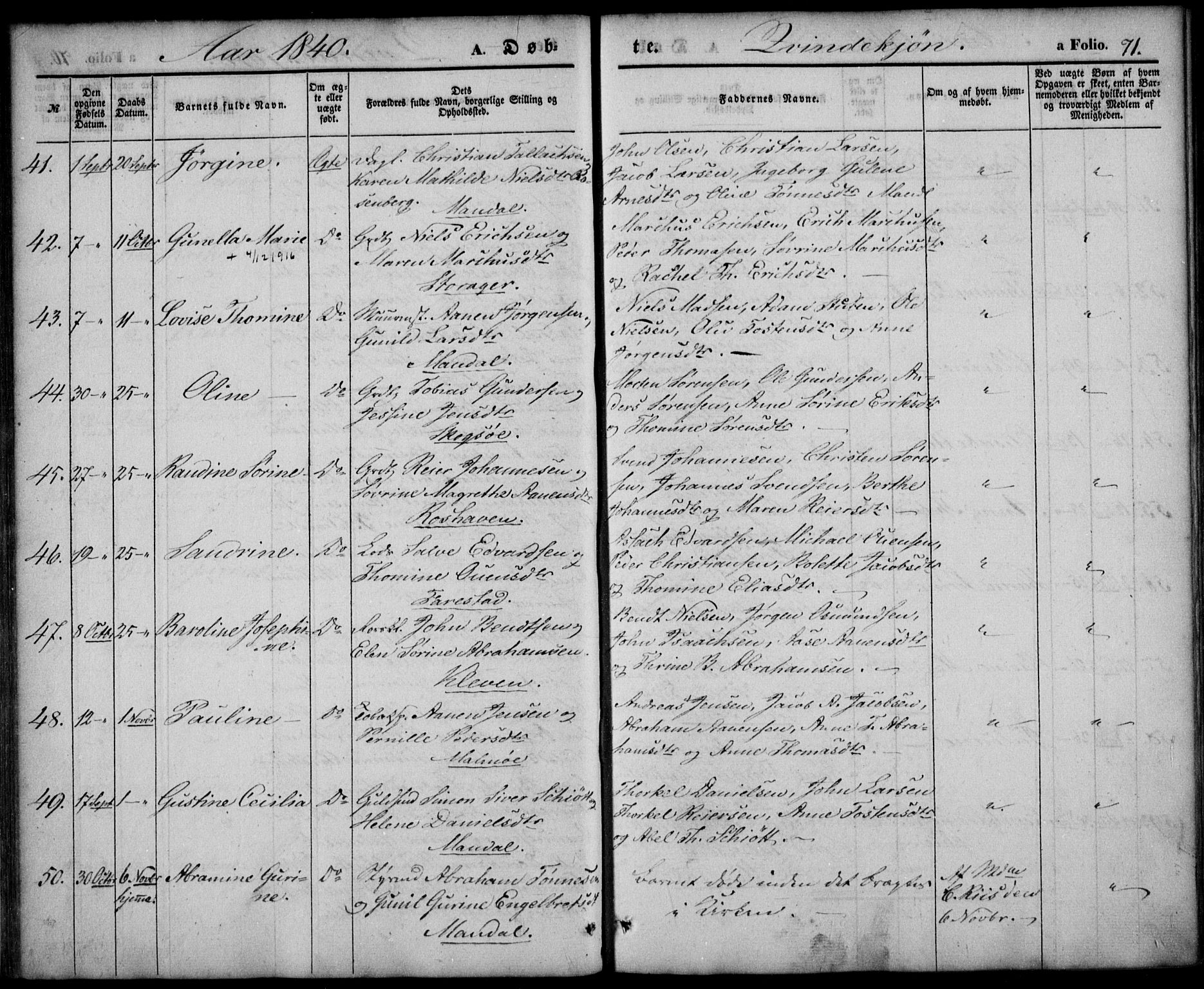 Mandal sokneprestkontor, AV/SAK-1111-0030/F/Fa/Faa/L0012: Ministerialbok nr. A 12, 1840-1847, s. 71